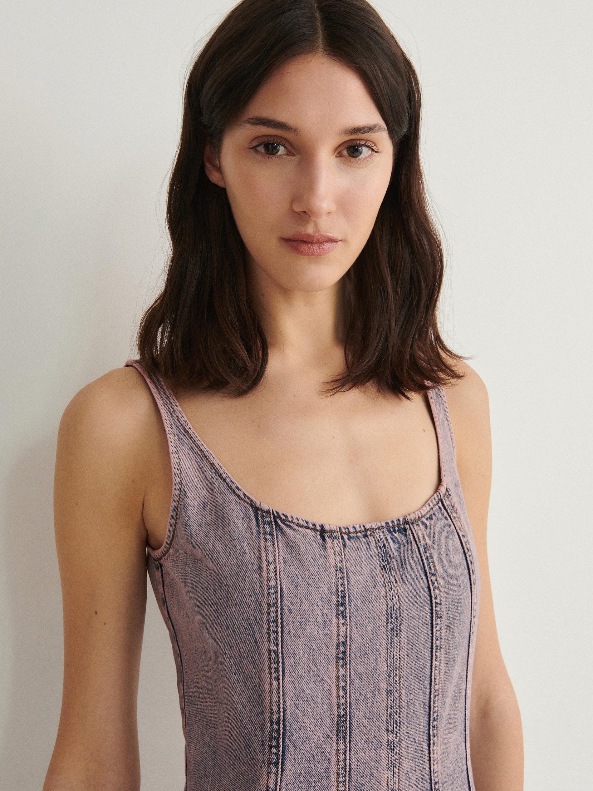 Pink Denim Dress With Stitching, , large image number 2