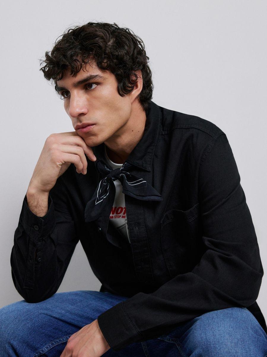 Black Regular Fit Denim Shirt, Black, large image number 0