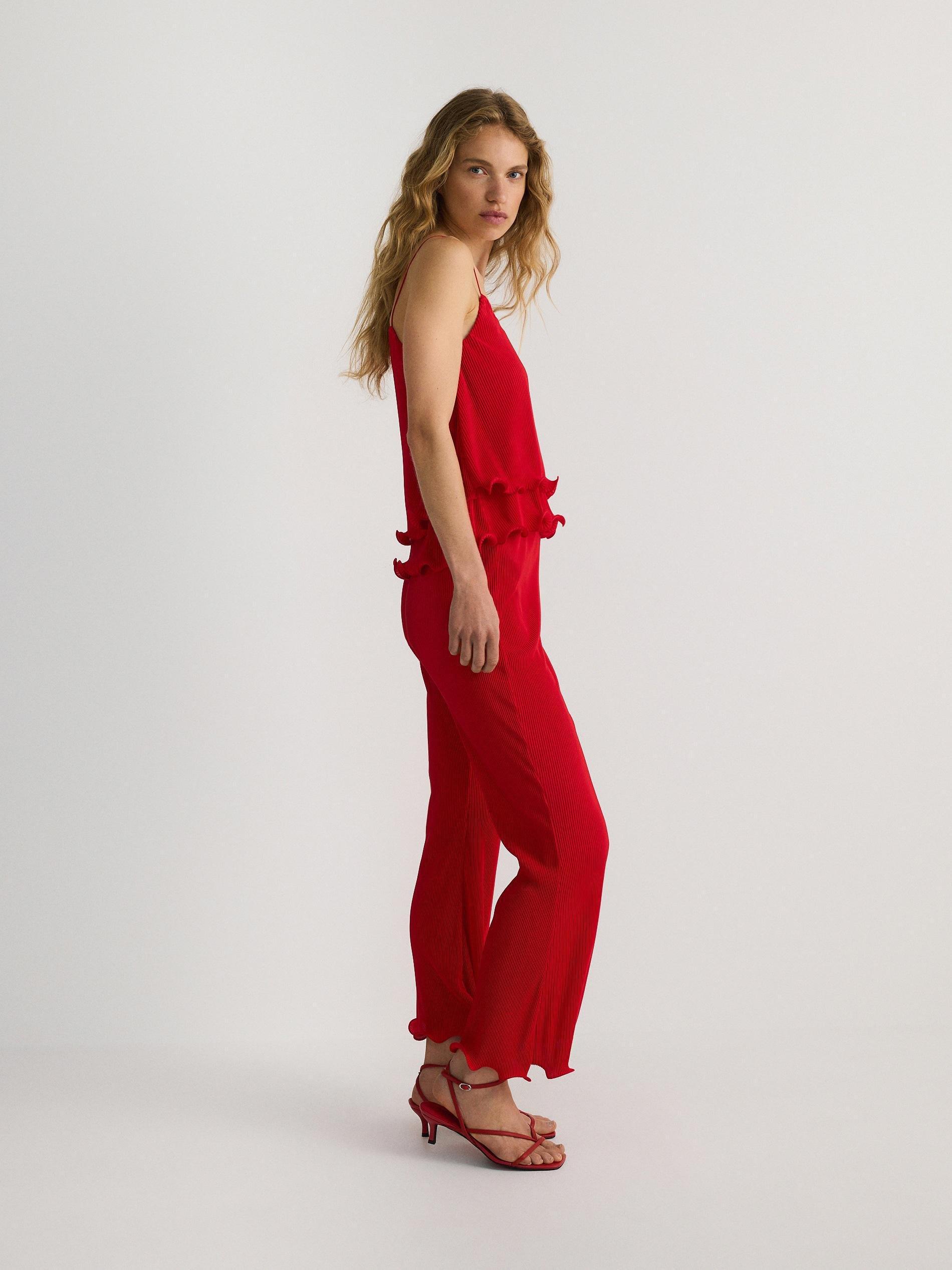 Red Ruffled Detail Trousers, , large image number 0