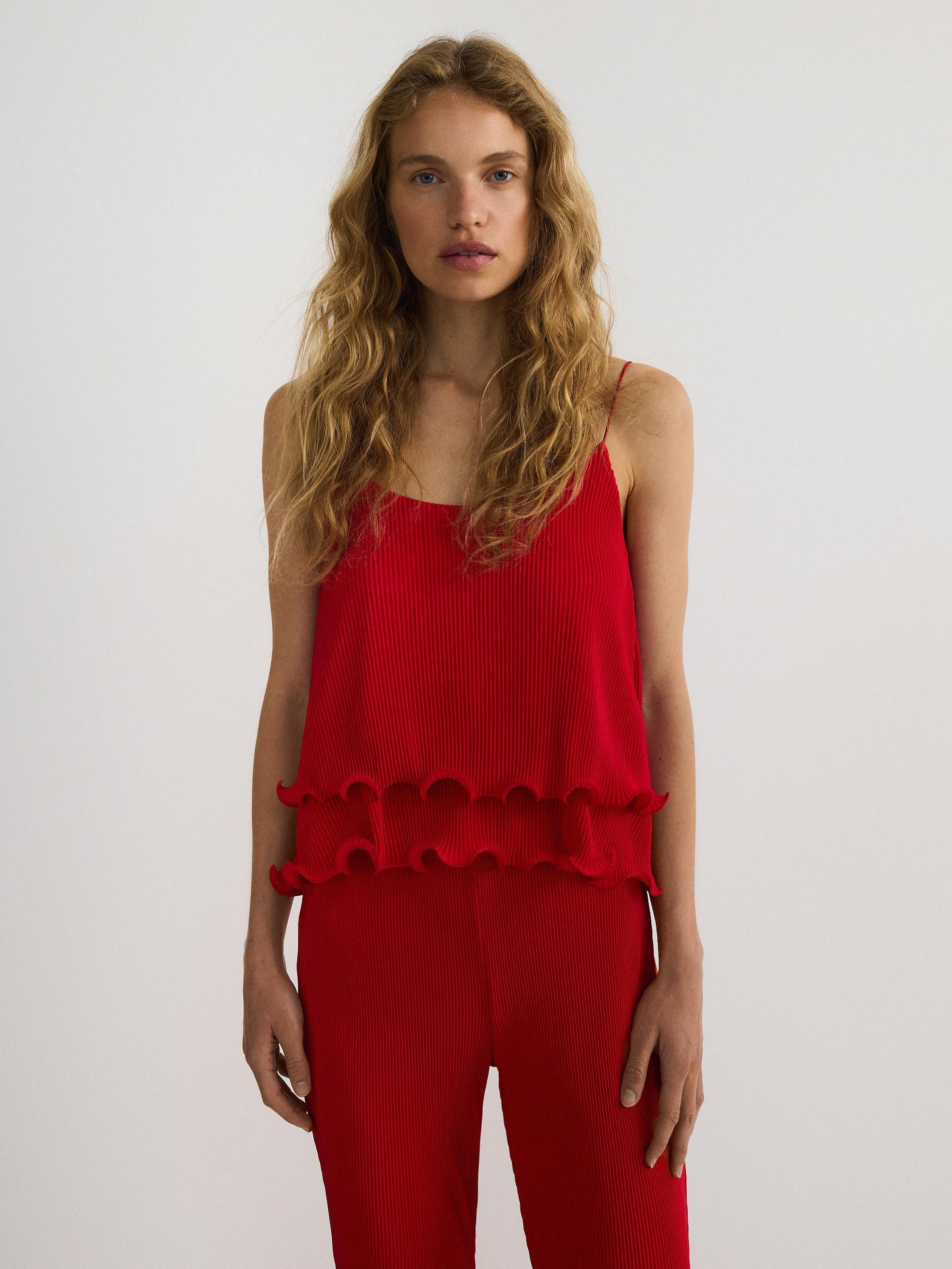 Red Ruffled Detail Trousers, , large image number 1