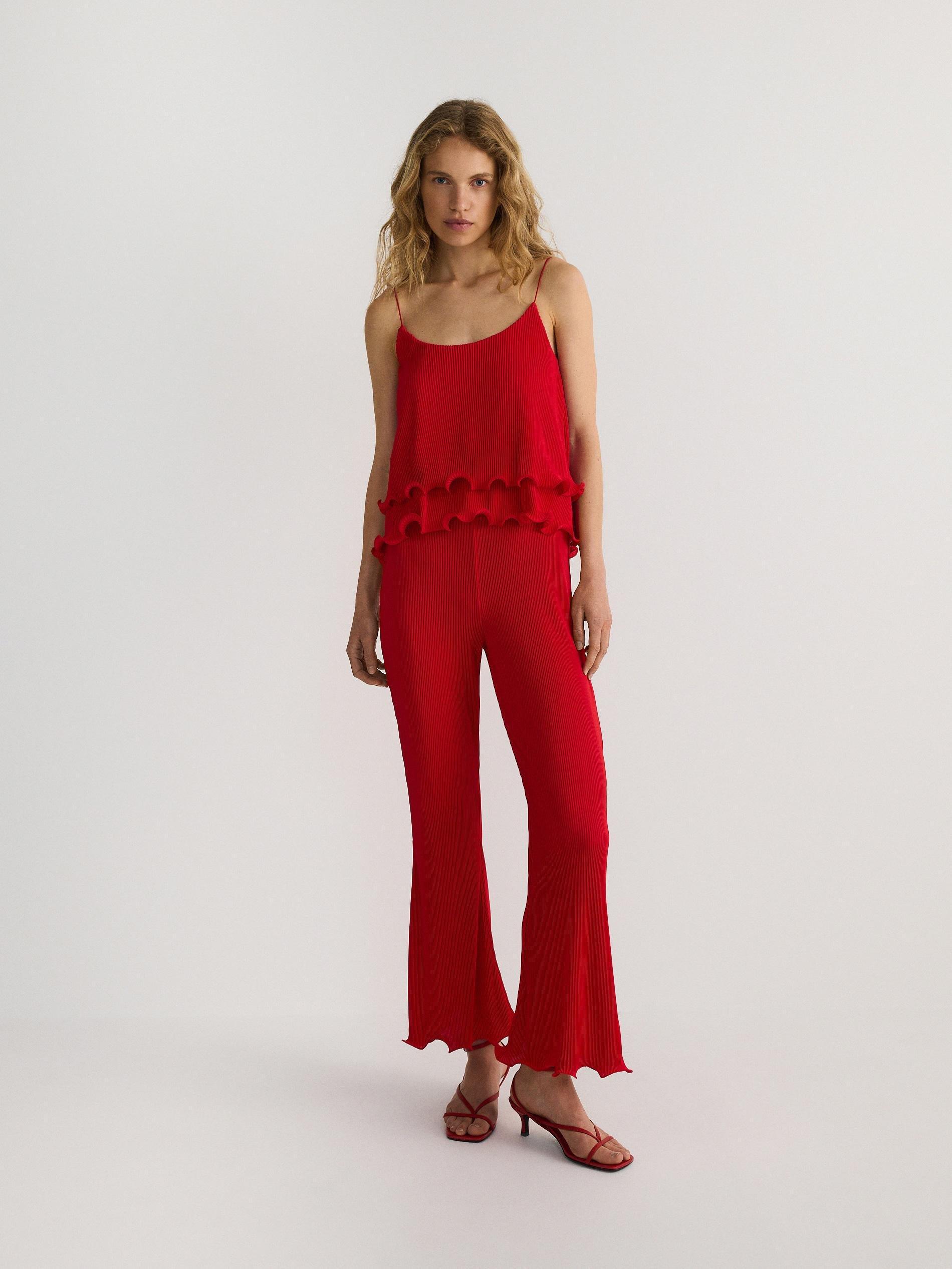 Red Ruffled Detail Trousers, , large image number 2
