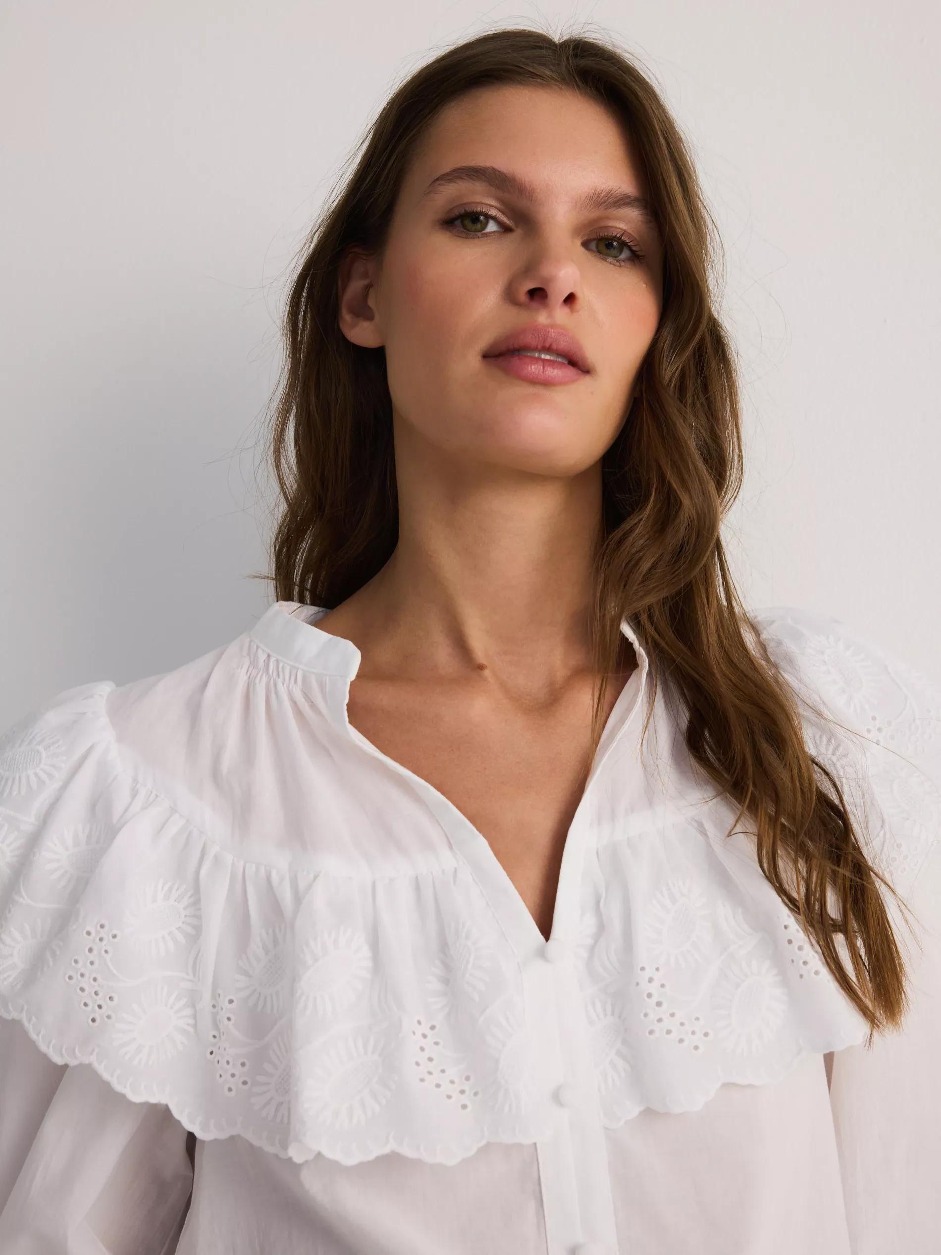 White Cotton Blouse With Flounce, White, medium