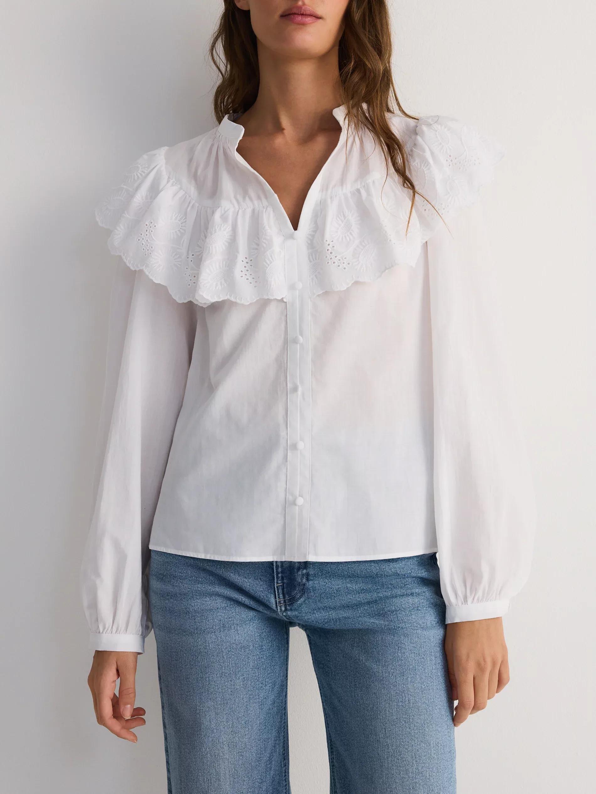 White Cotton Blouse With Flounce, White, medium