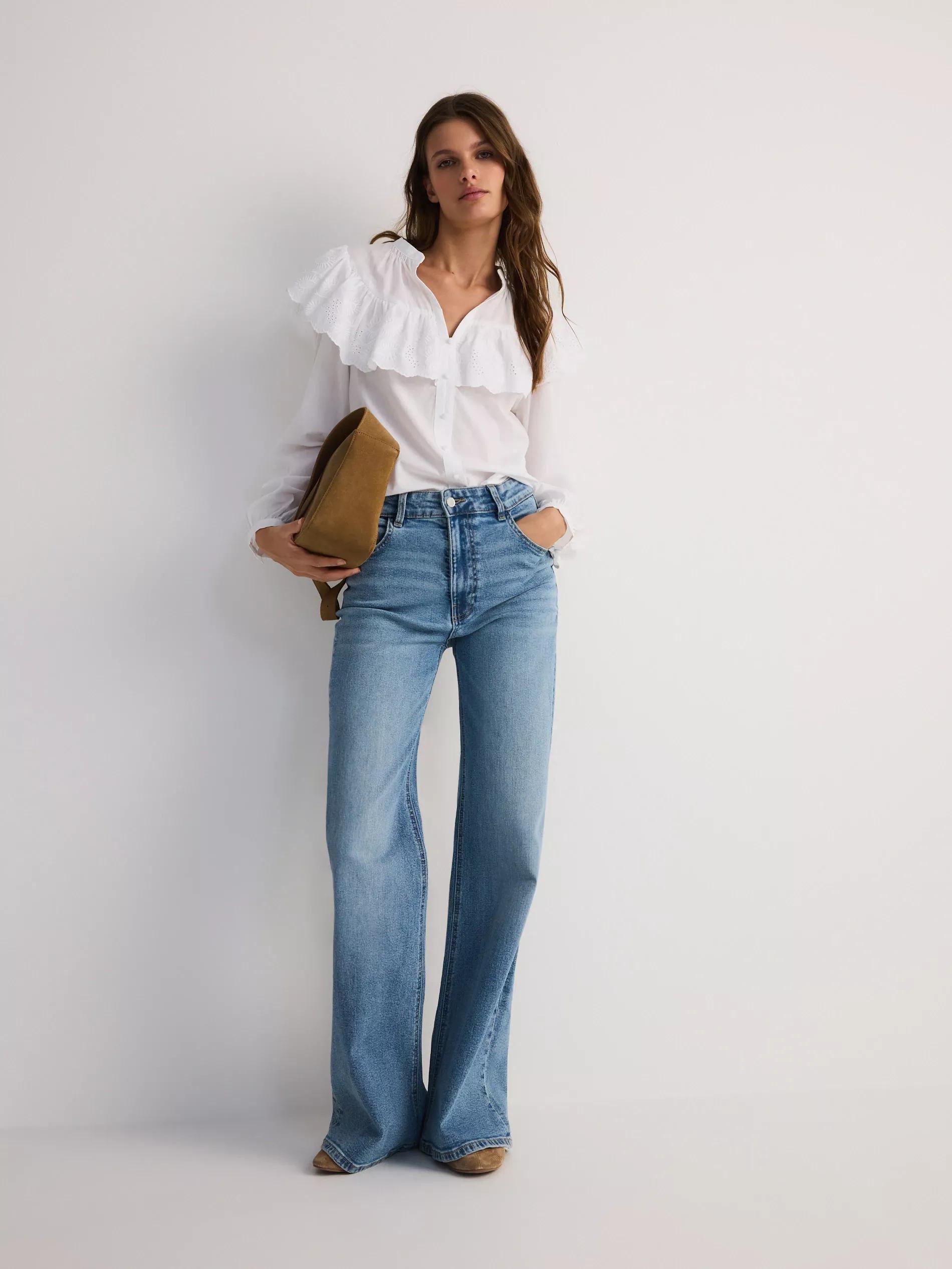 White Cotton Blouse With Flounce, White, medium