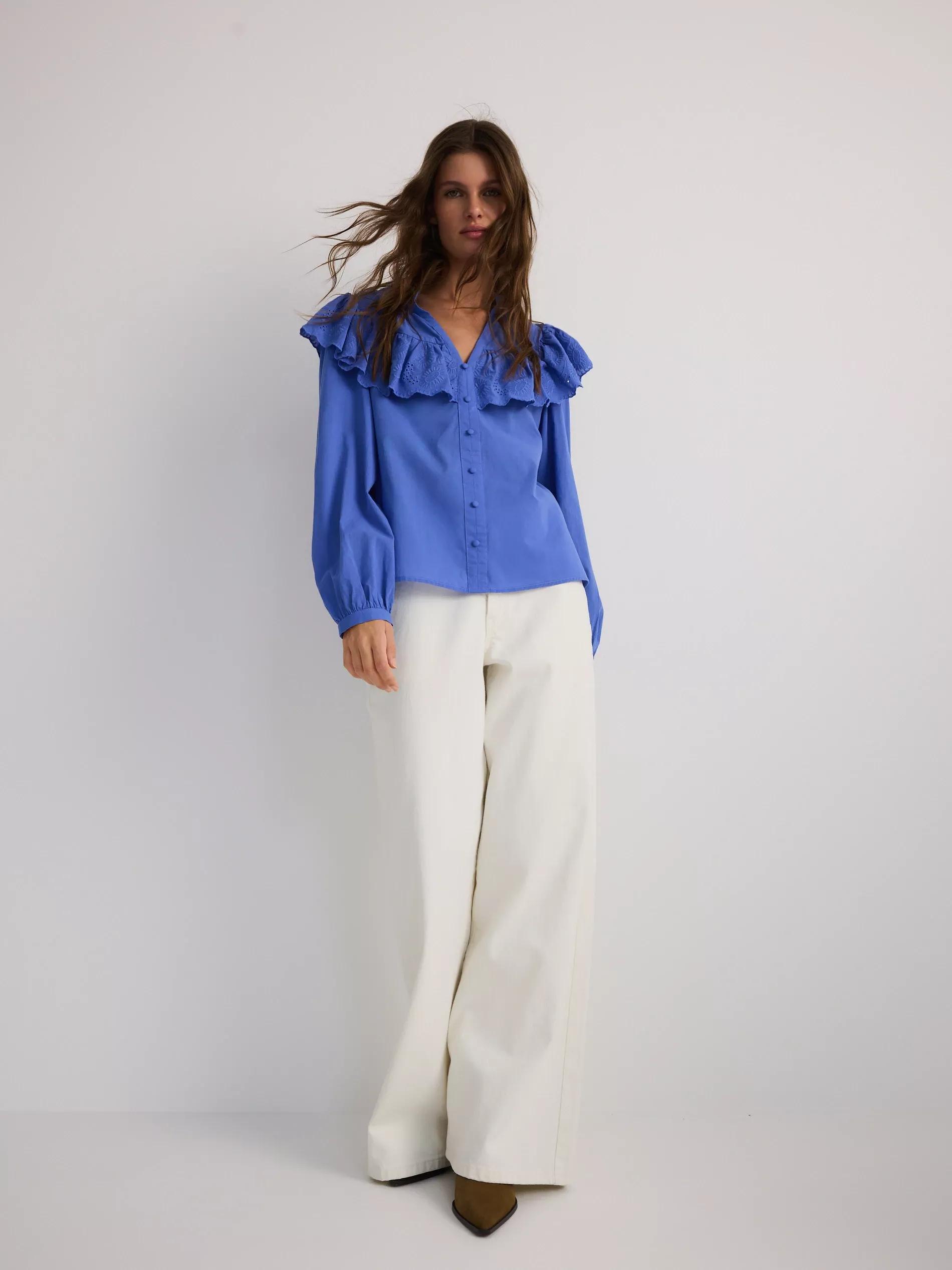 Blue Cotton Blouse With Ruffles, , large image number 0