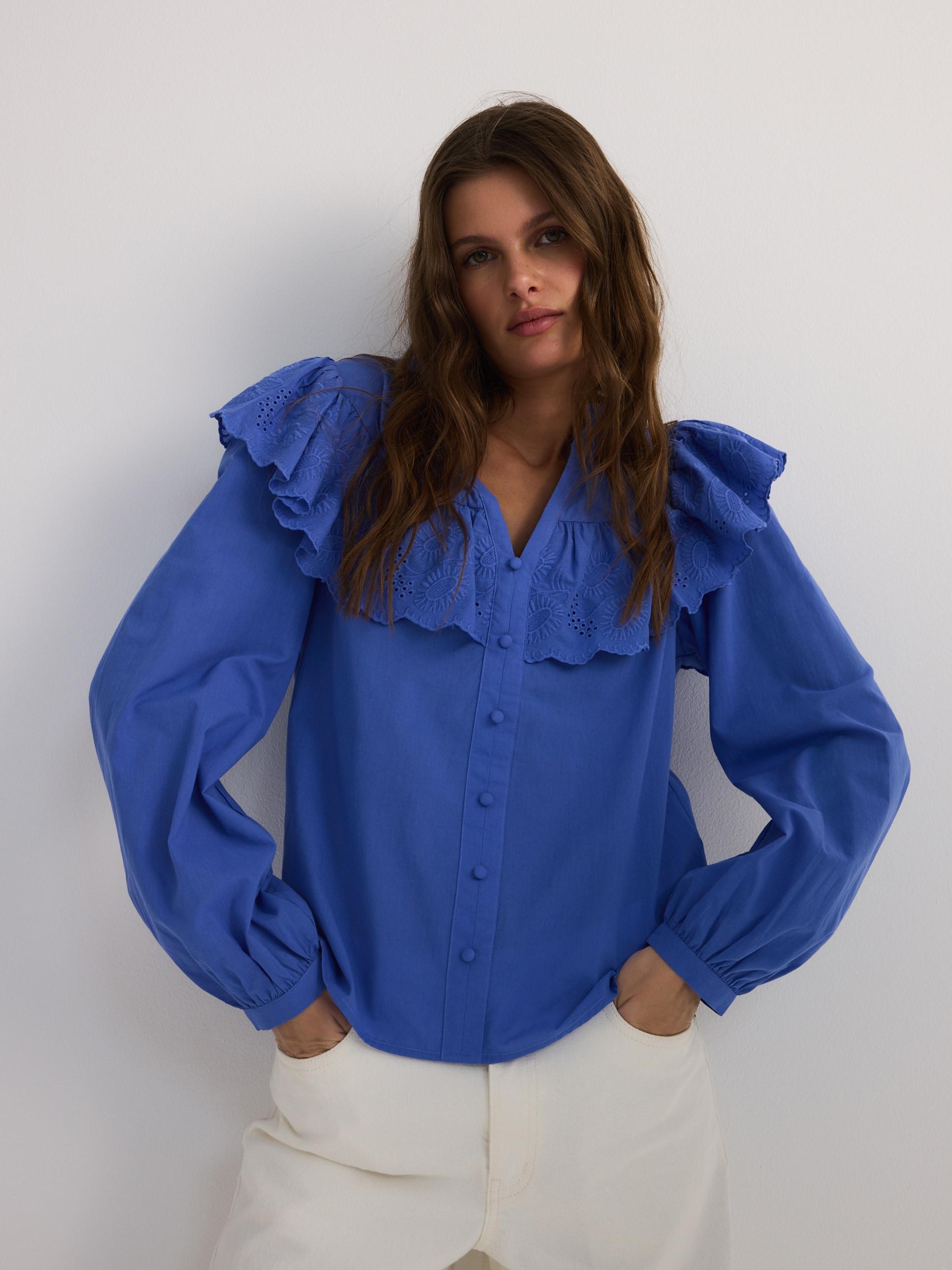 Blue Cotton Blouse With Ruffles, , large image number 1