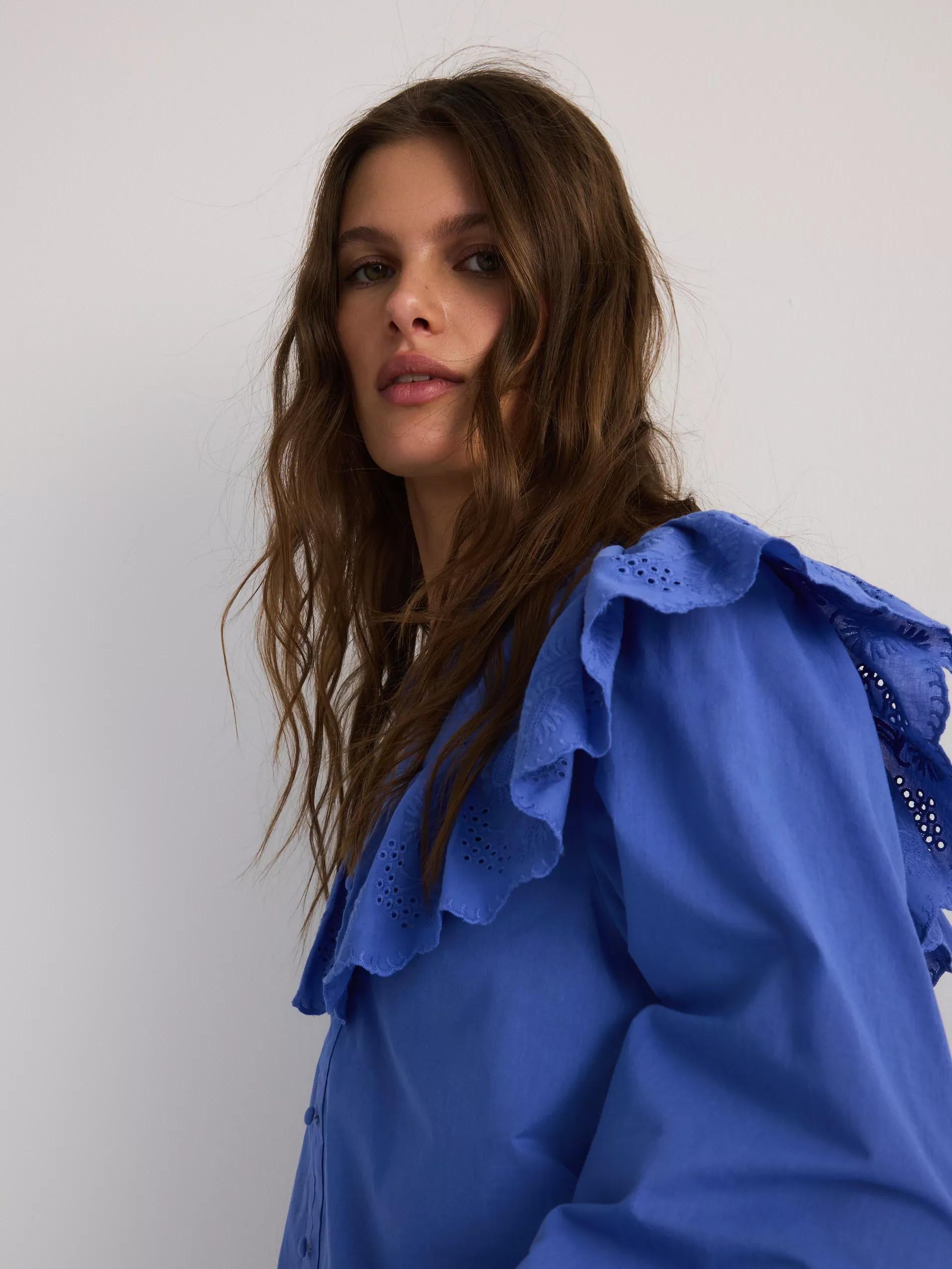 Blue Cotton Blouse With Ruffles, , large image number 3