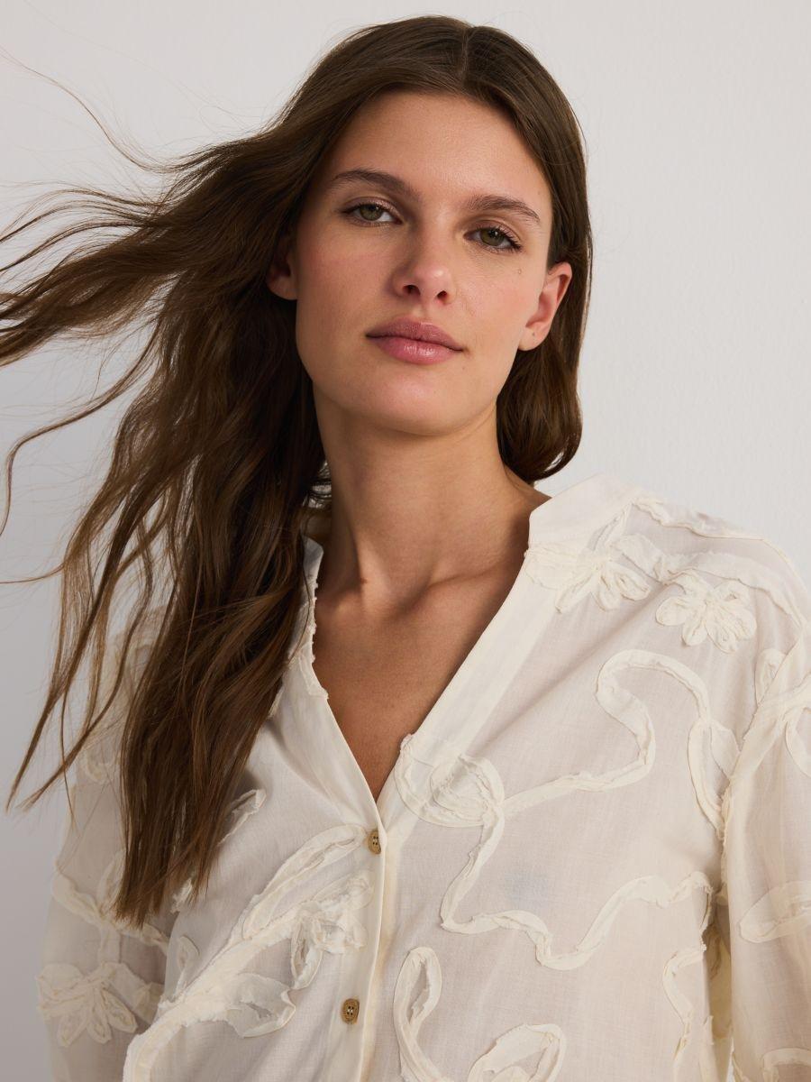 Cream Patterned Short-Sleeved Cotton Shirt, , large image number 1