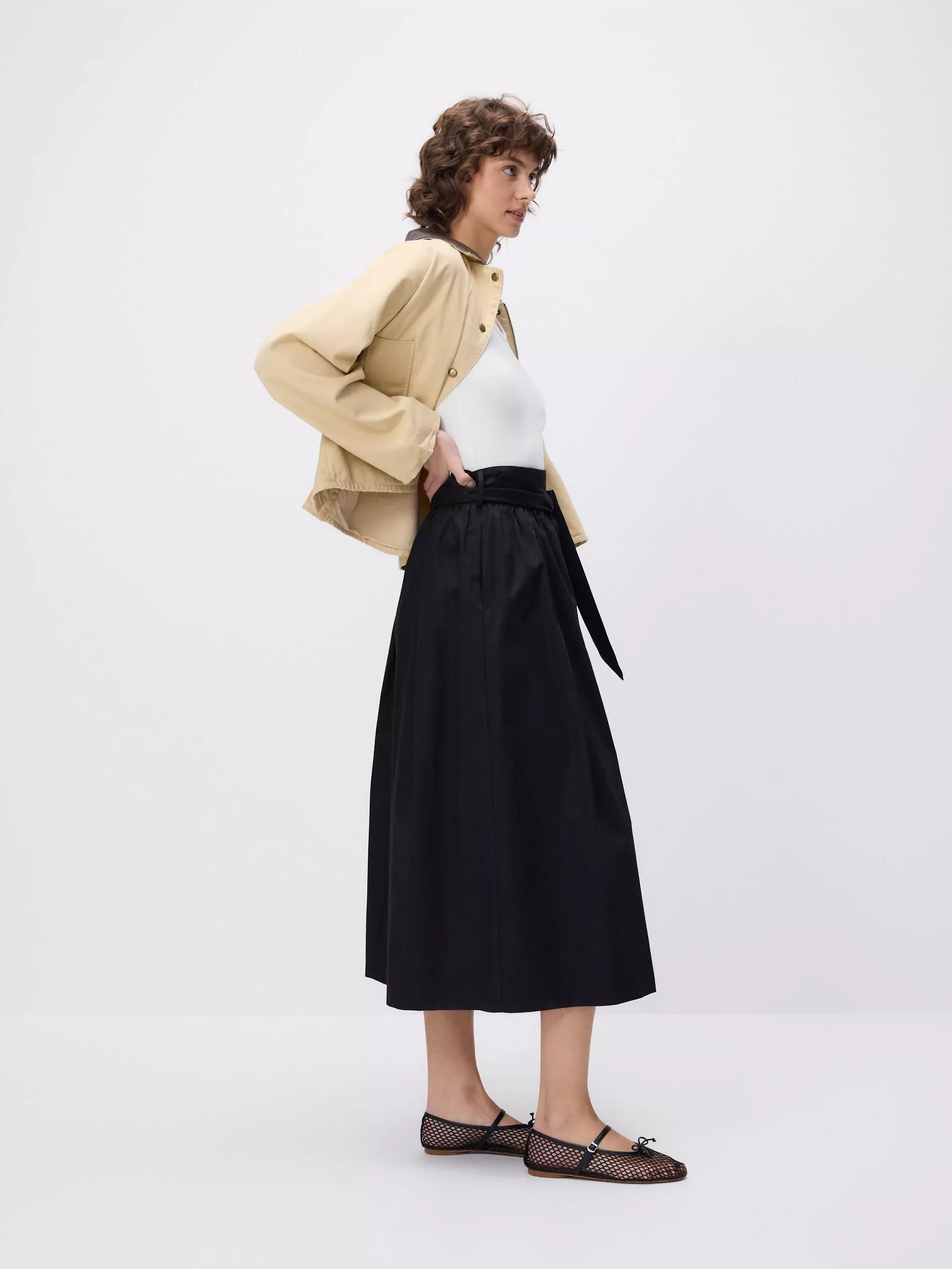 Black Midi Skirt With Tie Detail, Black, medium