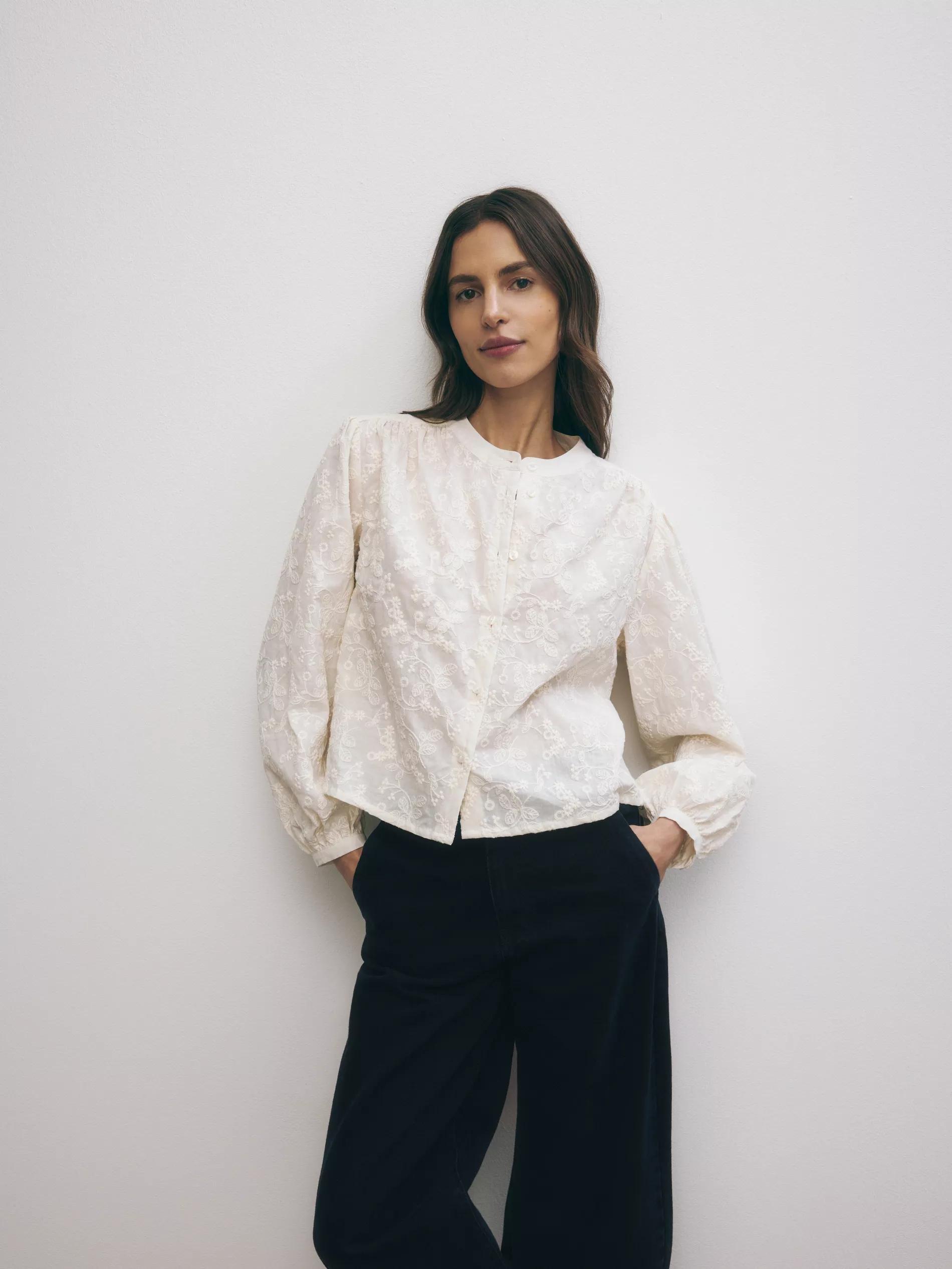 Cream Cotton Shirt With Embroidery, , large image number 2