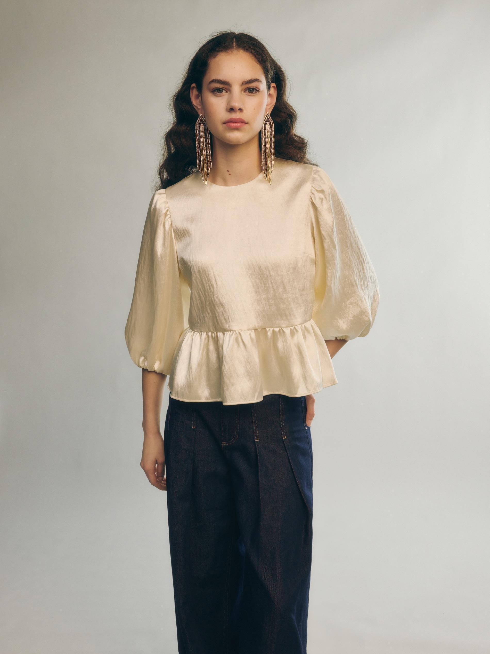 Cream Top With Peplum Hem, , large image number 0