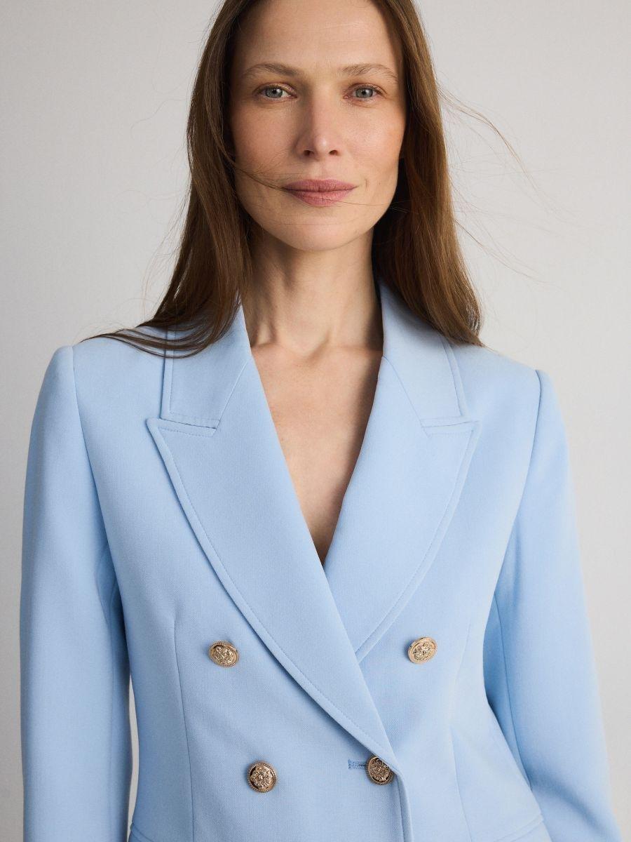 Blue Double-Breasted Viscose Blend Blazer, , medium
