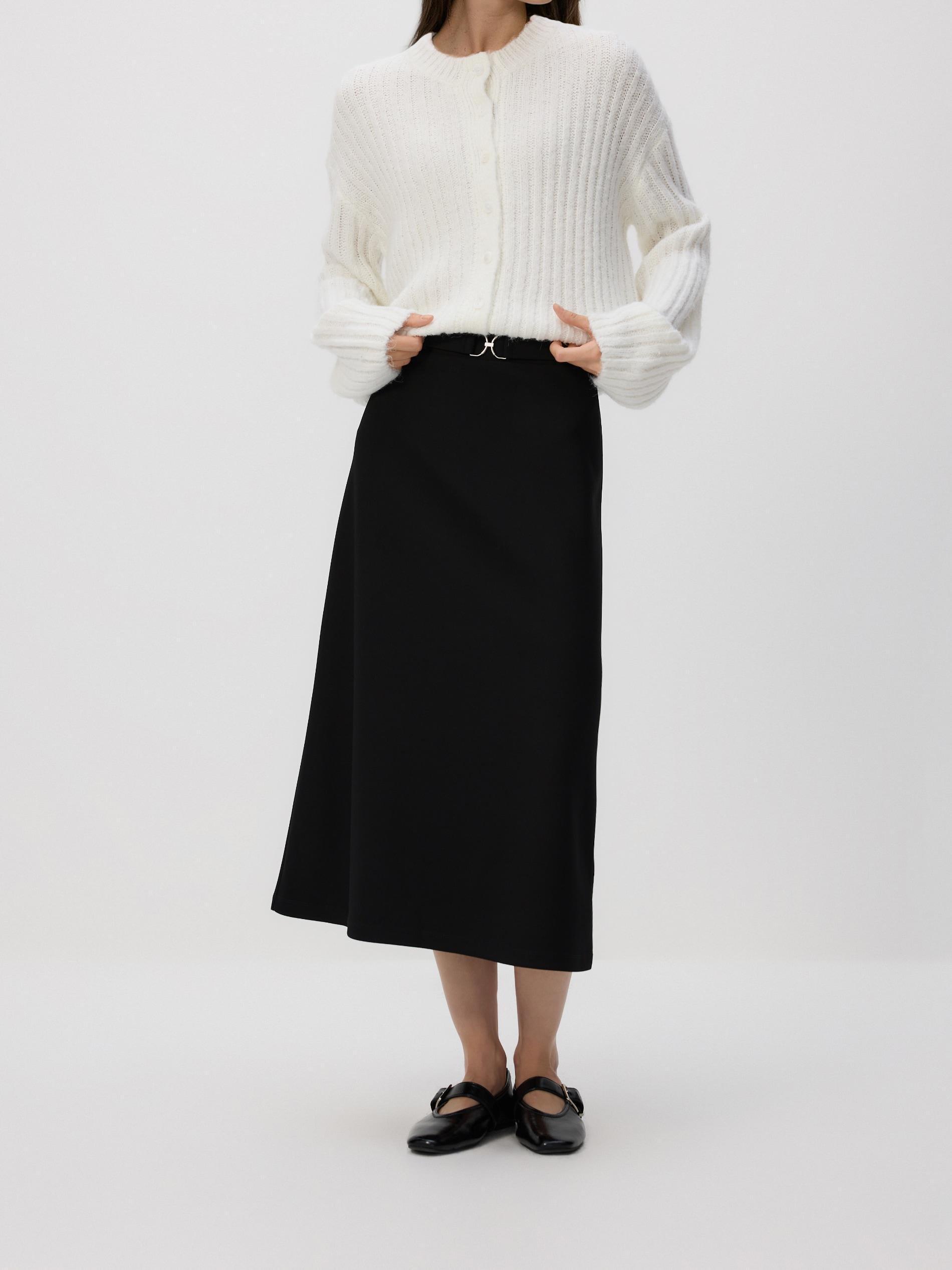 Black Midi Skirt With Belt, Black, large image number 0