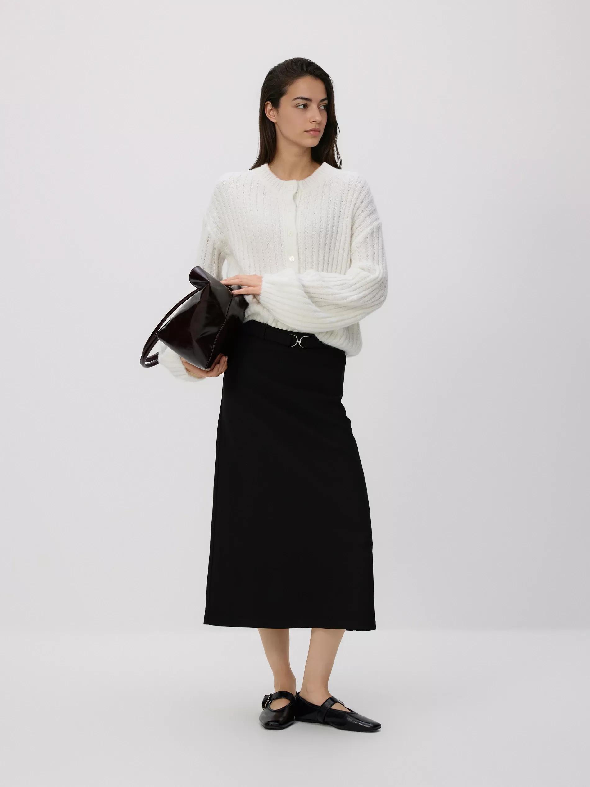 Black Midi Skirt With Belt, Black, large image number 1