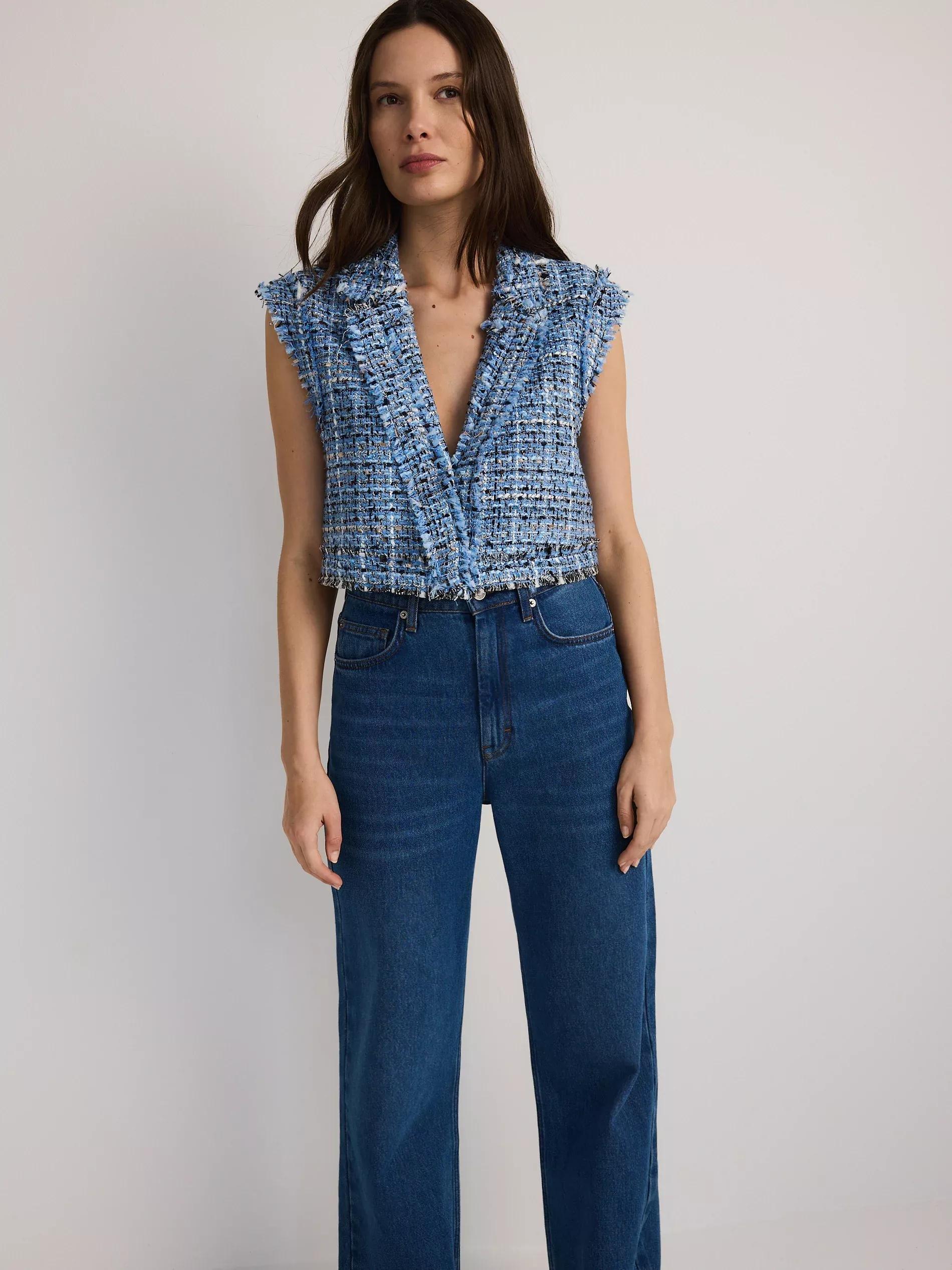 Blue Checked Single Breasted Vest, Blue, medium