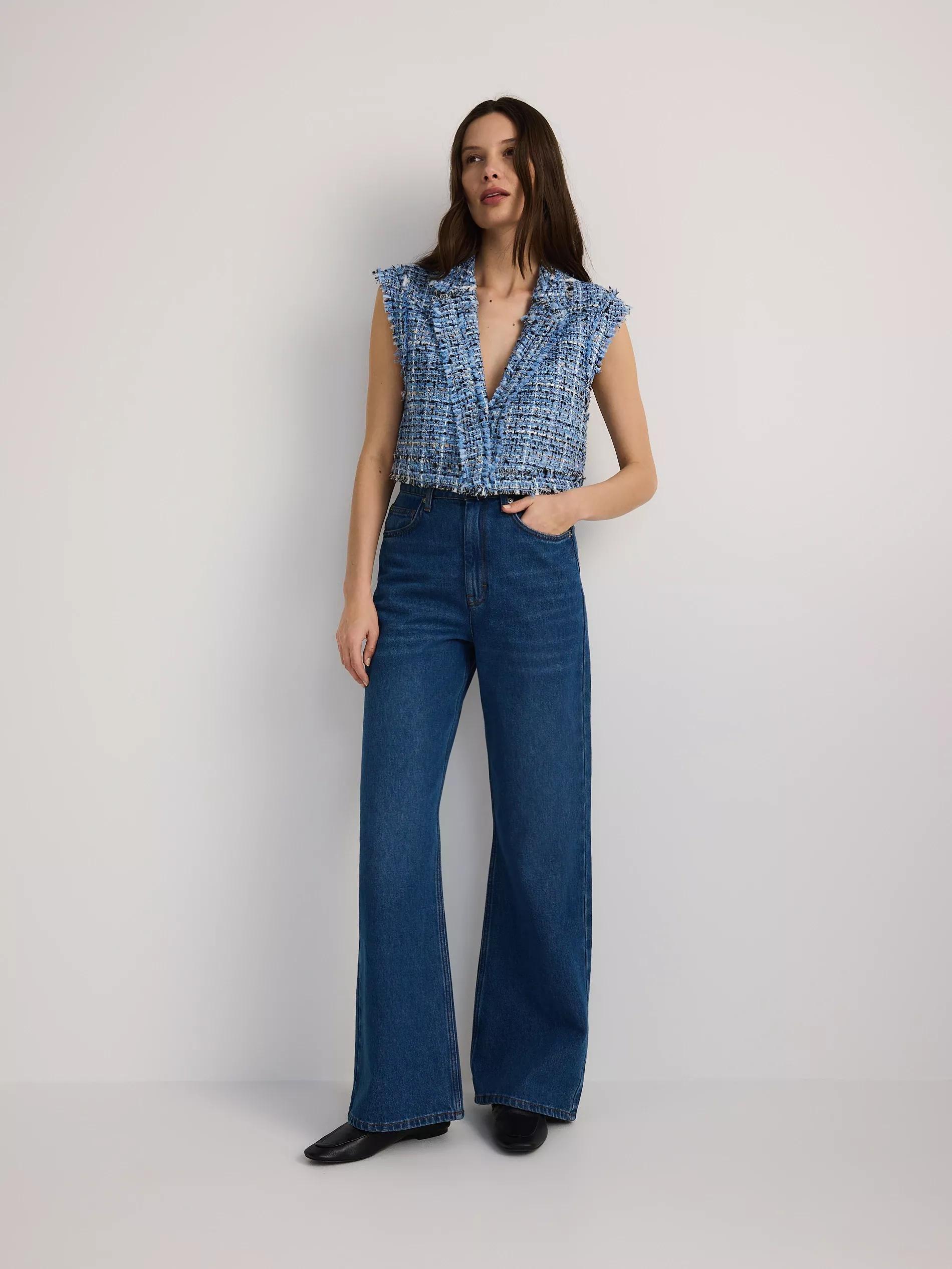 Blue Checked Single Breasted Vest, Blue, medium