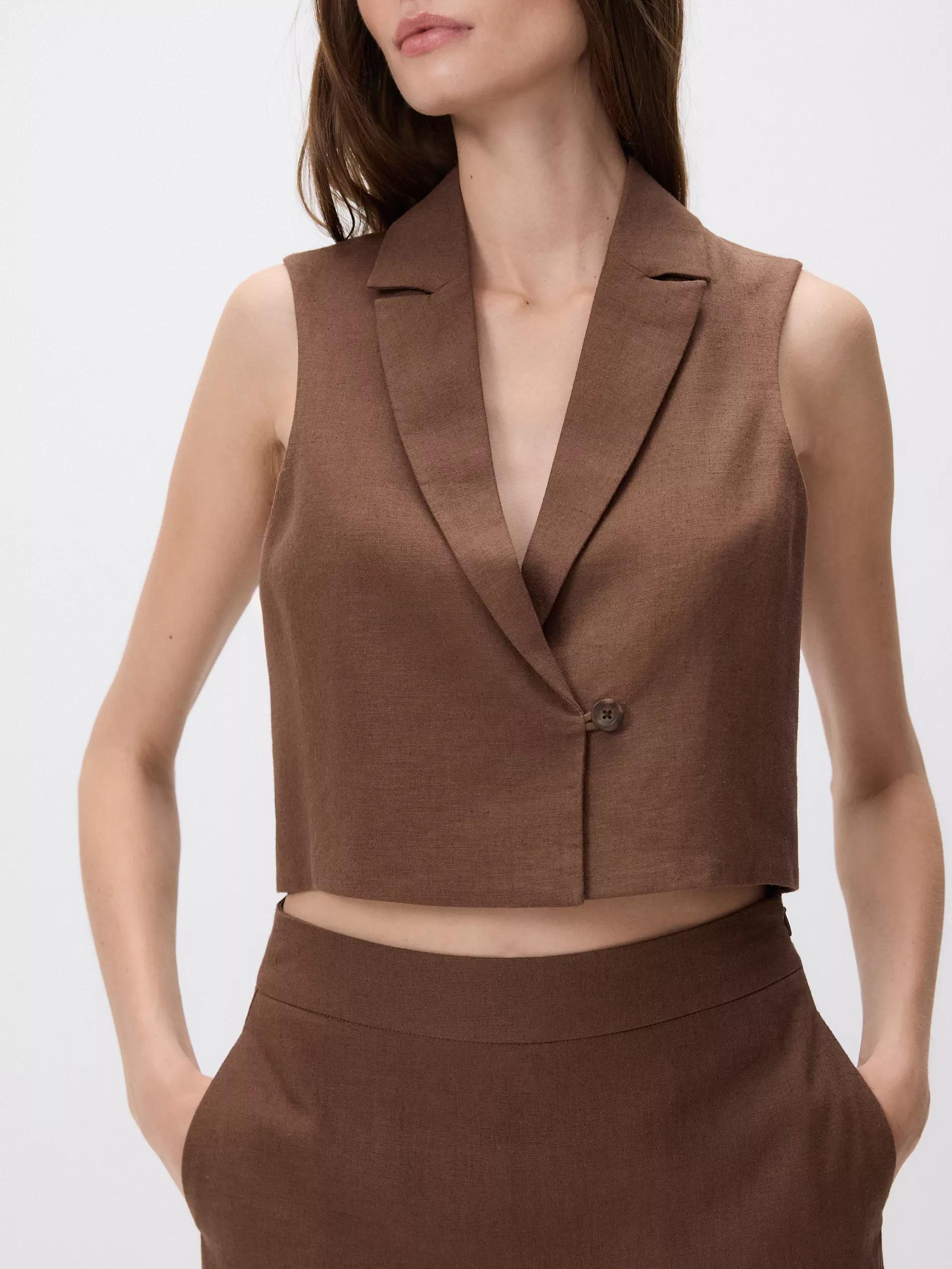 Brown Cropped Linen Rich Vest, , medium