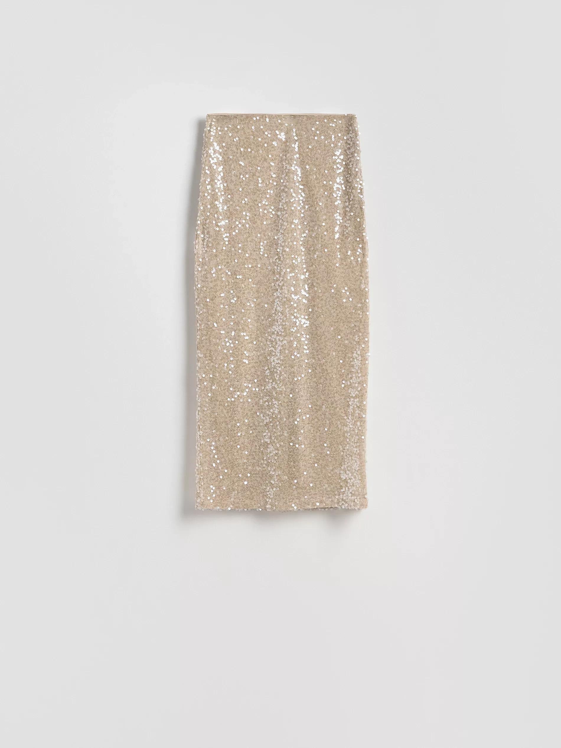 Beige Sequin Midi Skirt, Ivory, medium