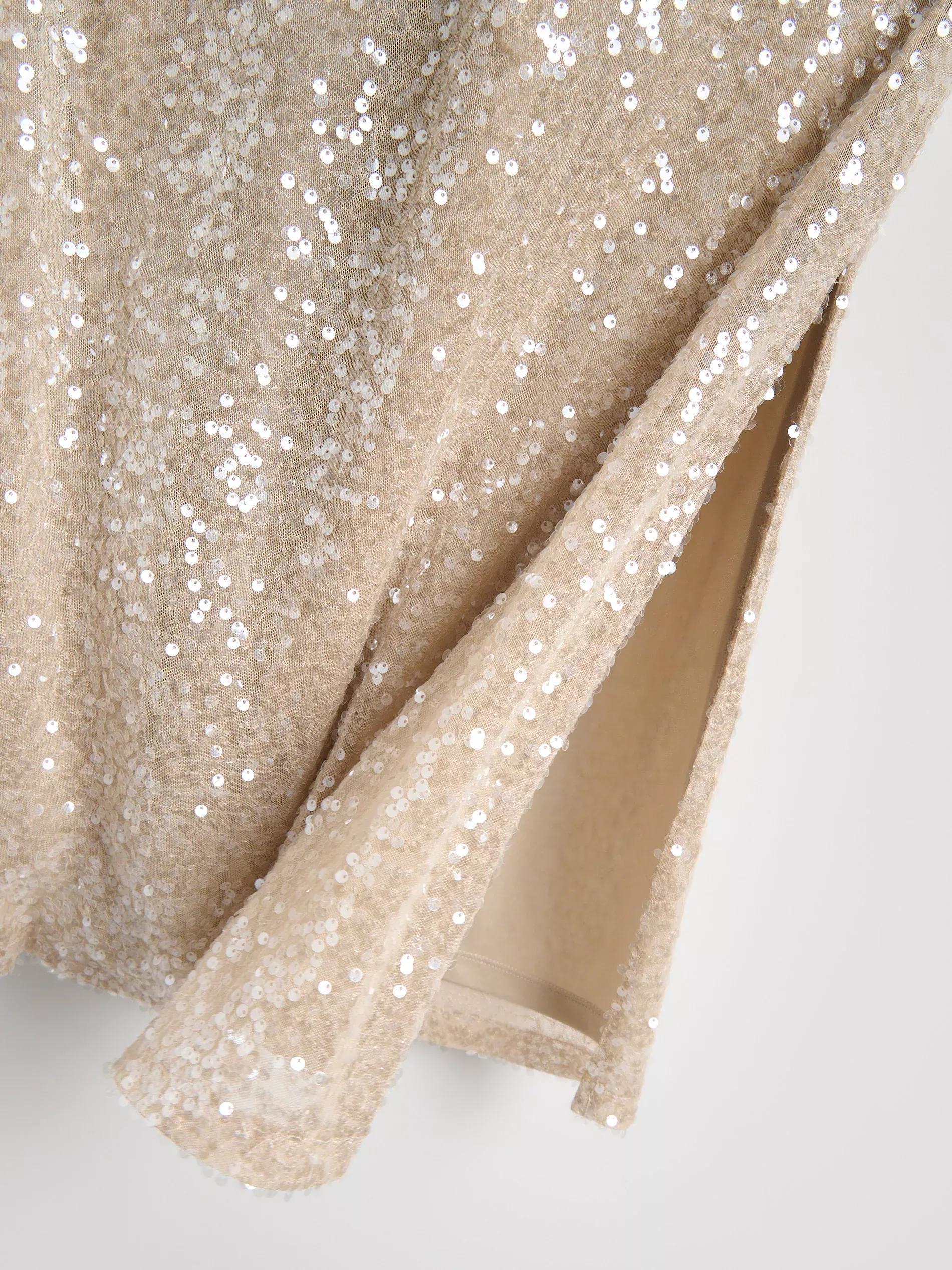 Beige Sequin Midi Skirt, Ivory, large image number 1