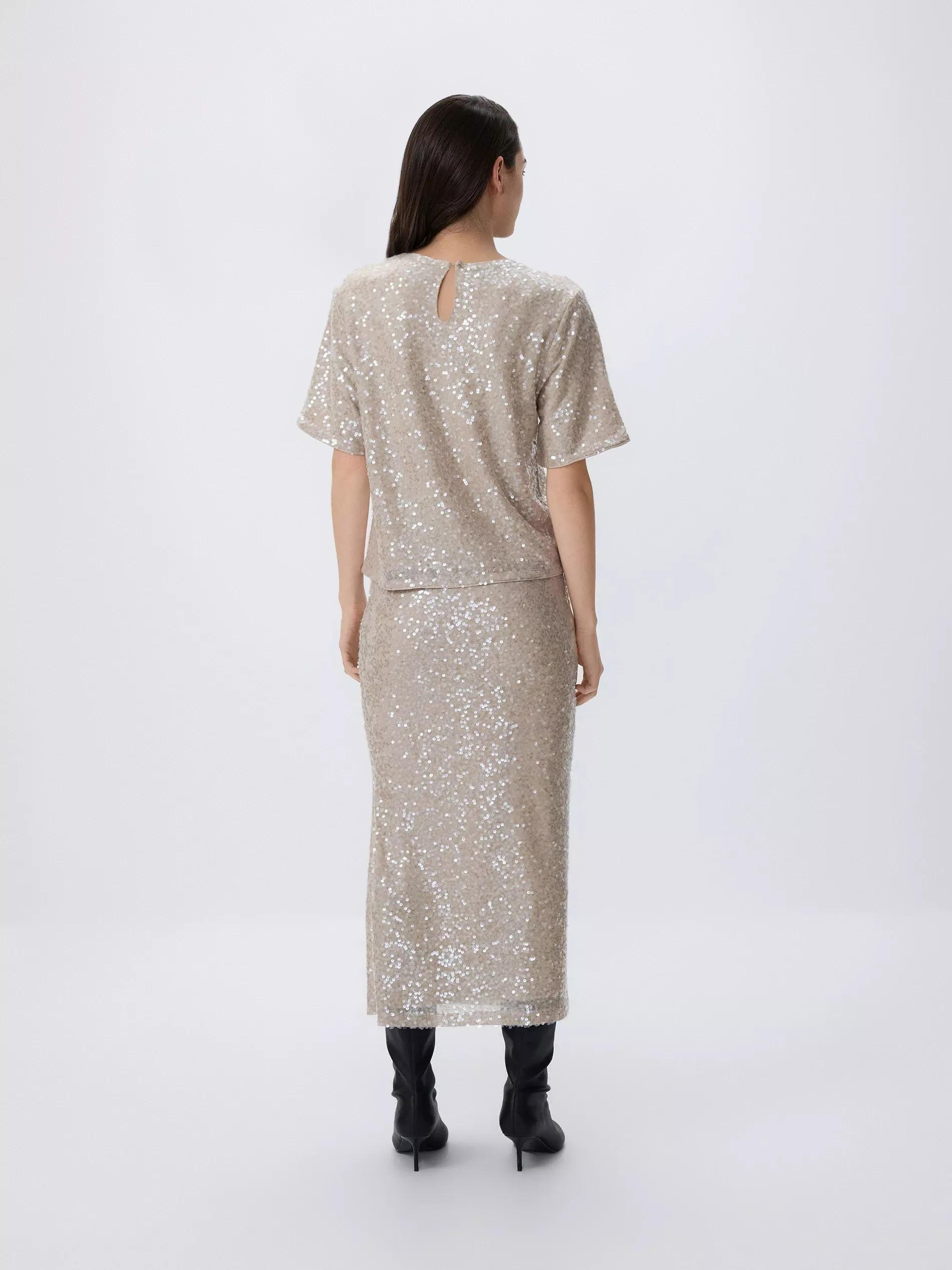 Beige Sequin Midi Skirt, Ivory, large image number 2