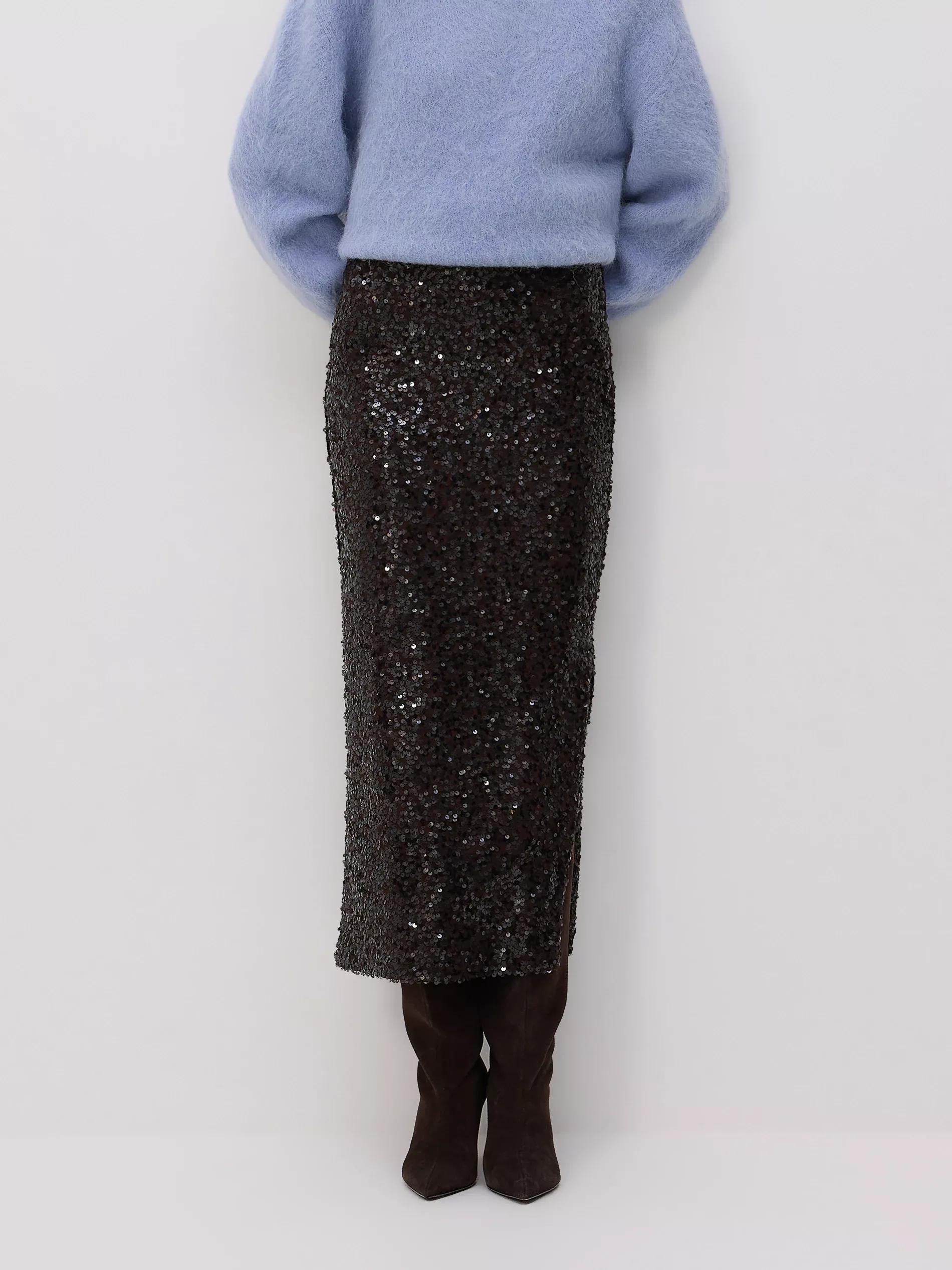 Brown Sequin Midi Skirt, Brown, large image number 0