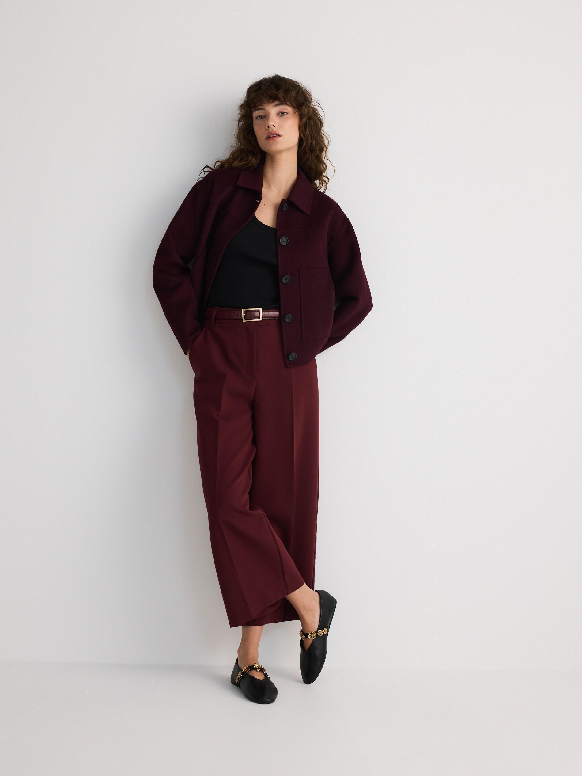 Brown Wide-Leg Trousers With Belt, Burgundy, medium