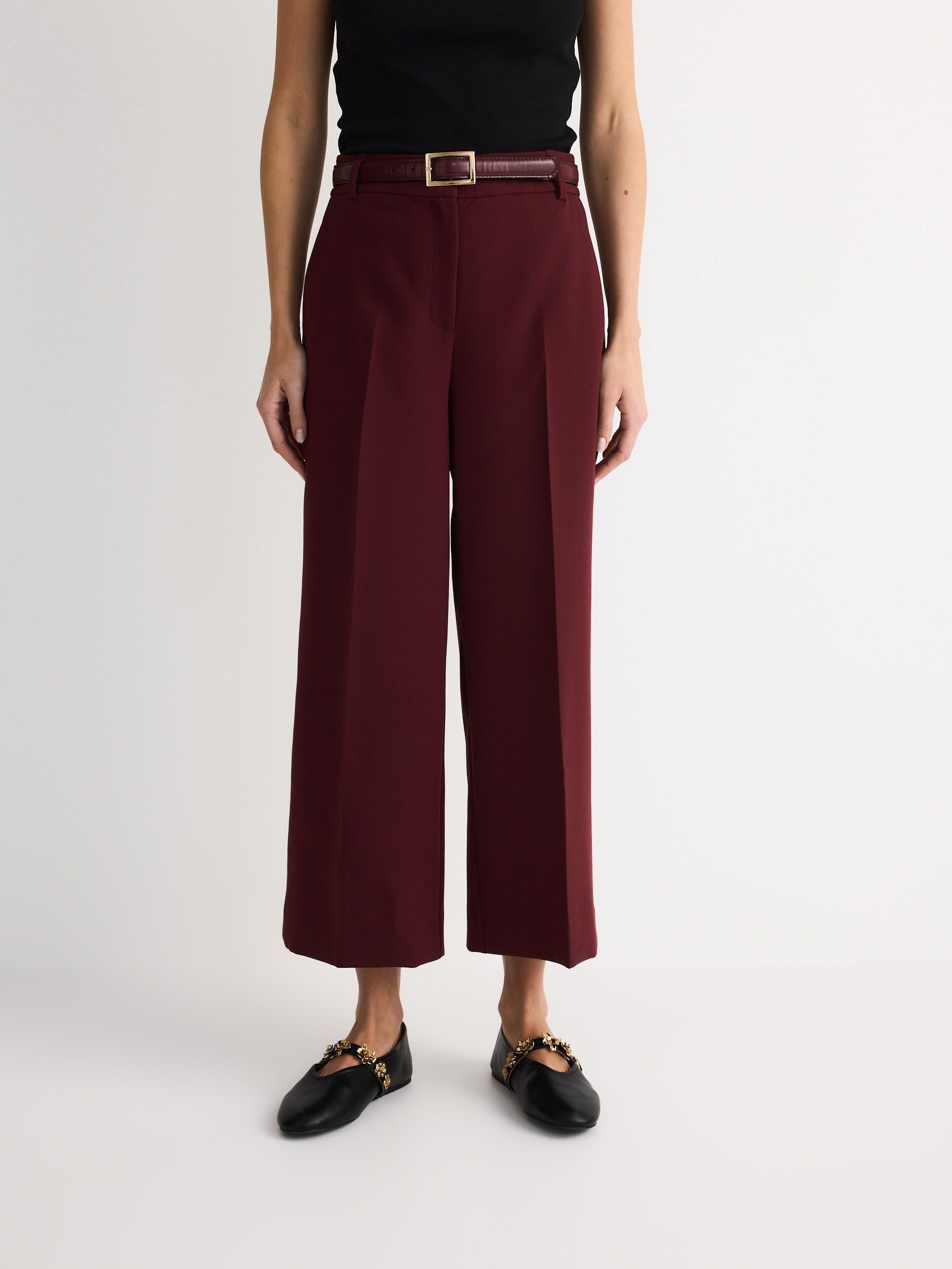 Brown Wide-Leg Trousers With Belt, Burgundy, medium
