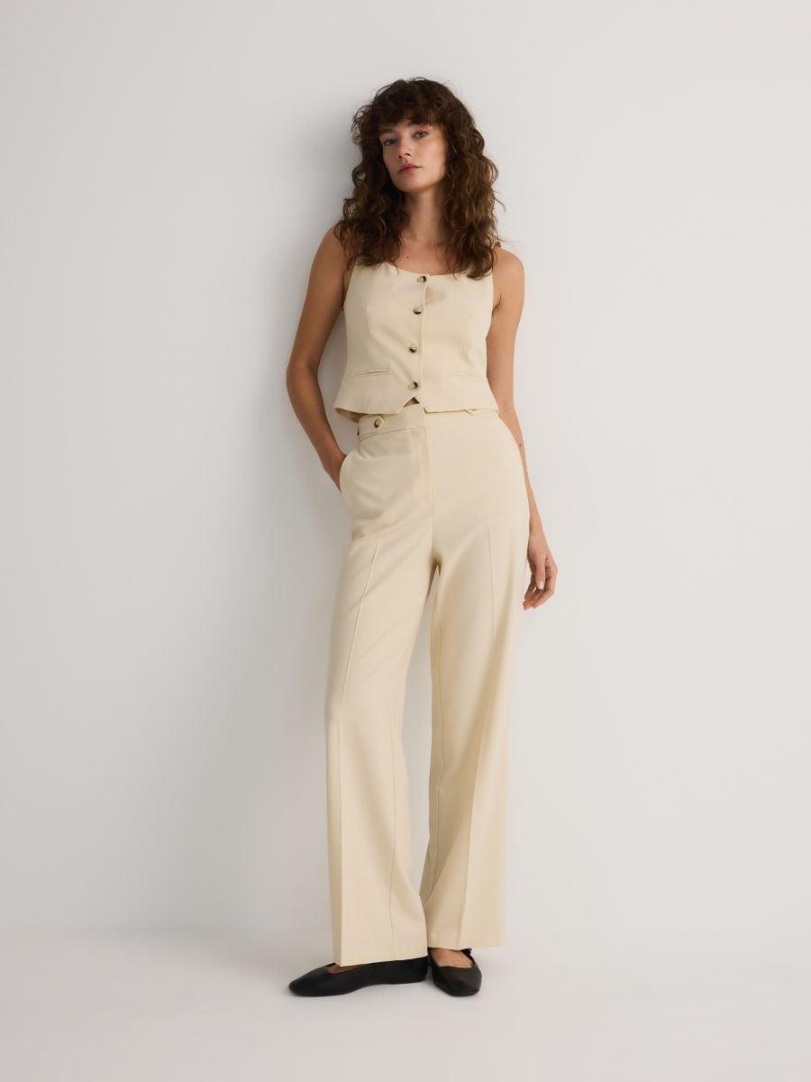 Cream Straight-Fit Trousers With Creases, , large image number 1