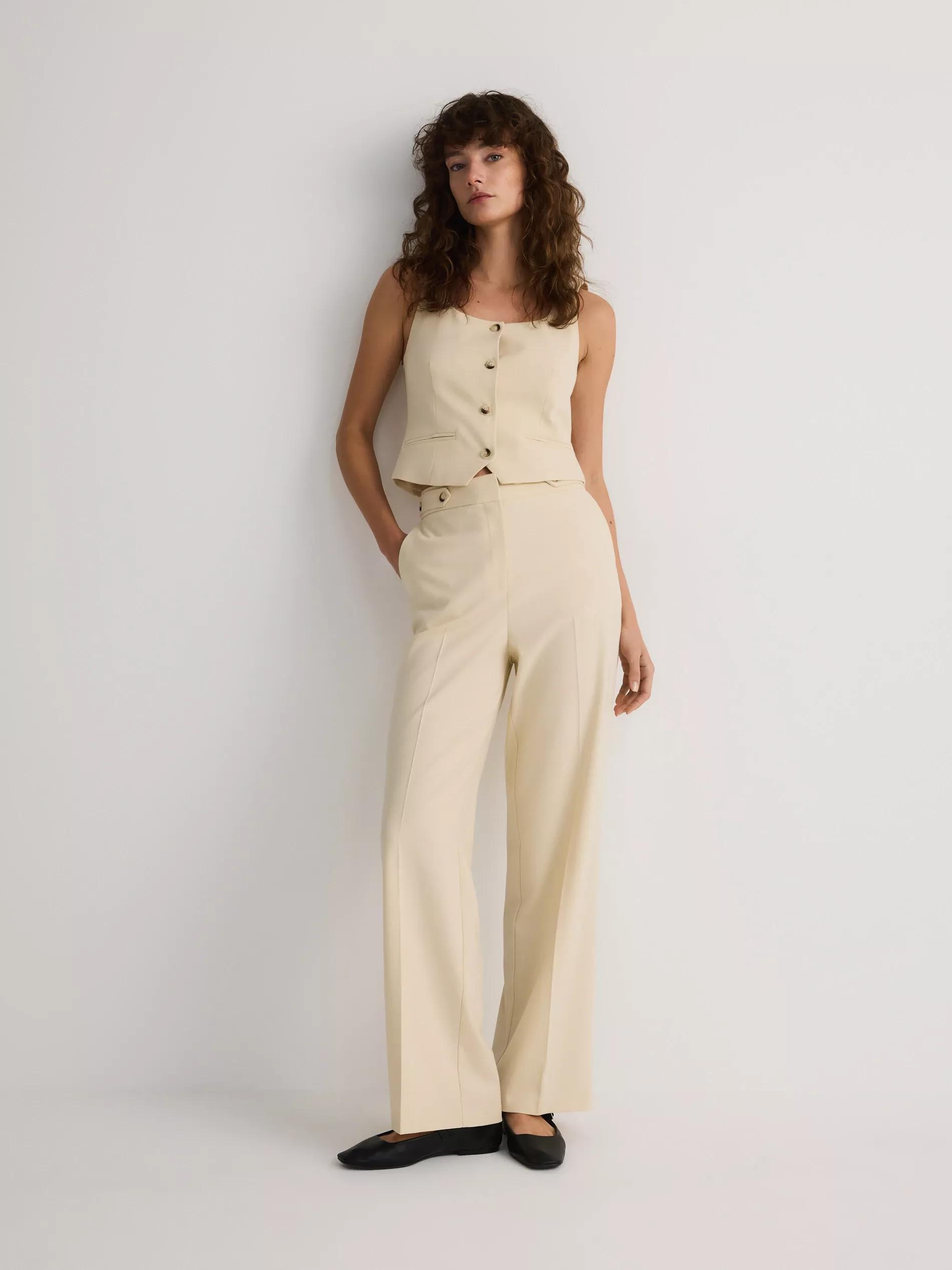 Cream Straight-Fit Trousers With Creases, , large image number 1