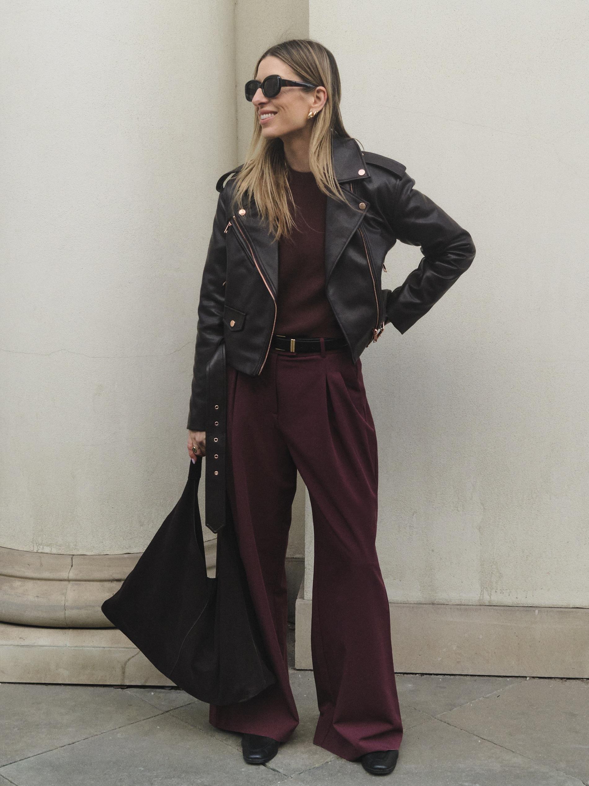 Maroon Wide-Leg Pleated Trousers, , medium