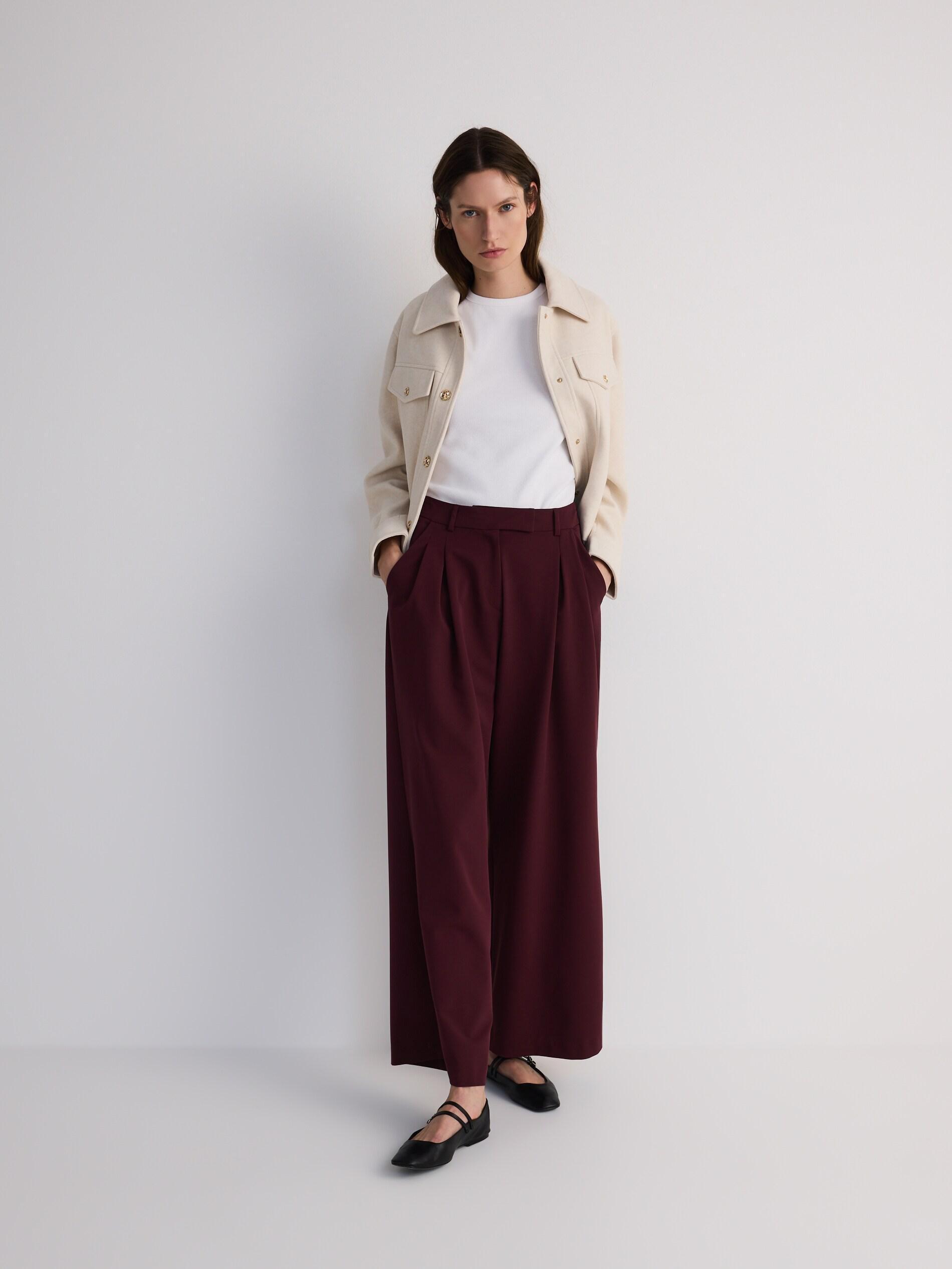 Maroon Wide-Leg Pleated Trousers, Burgundy, large image number 1