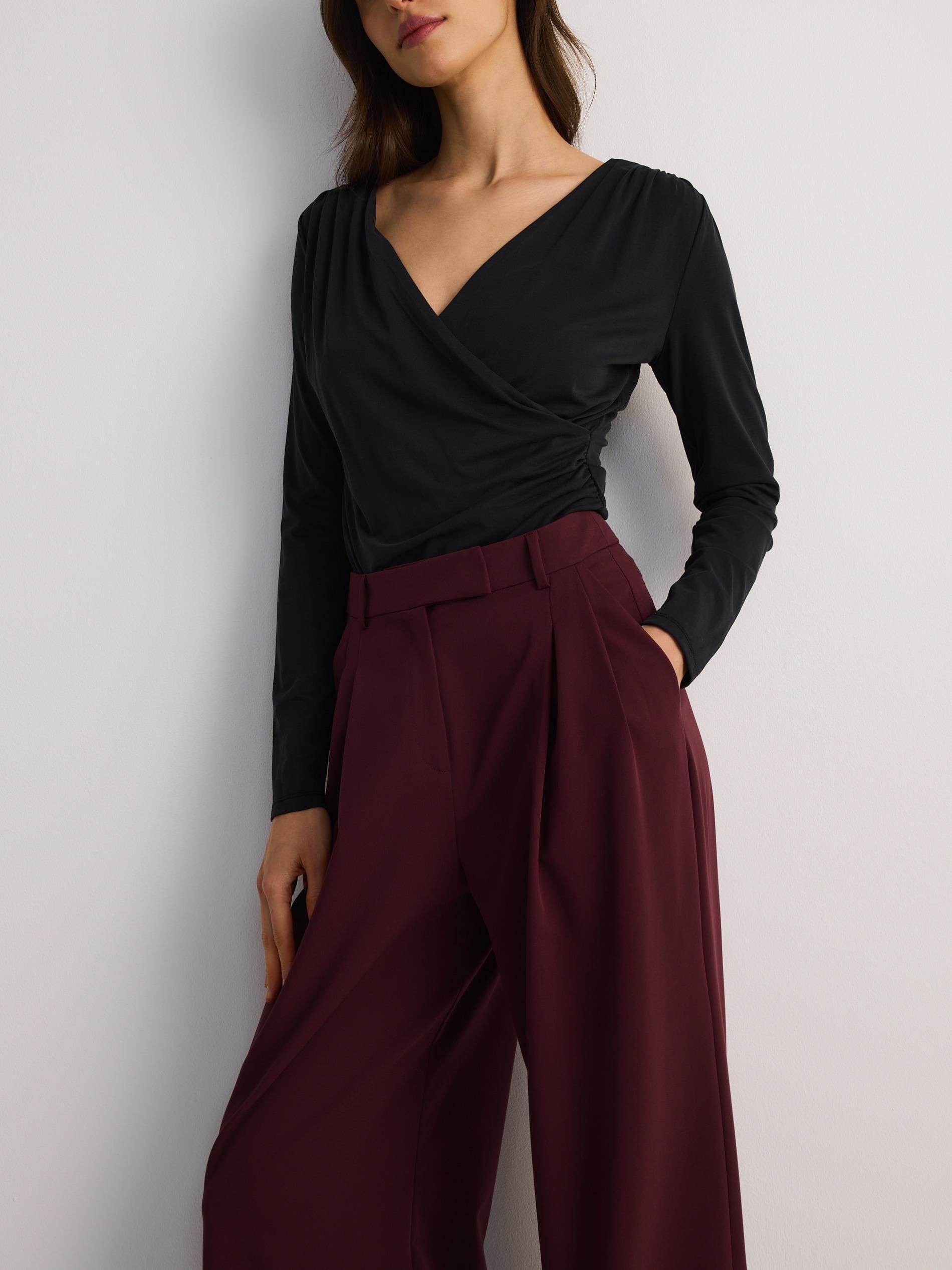 Maroon Wide-Leg Pleated Trousers, , large image number 2