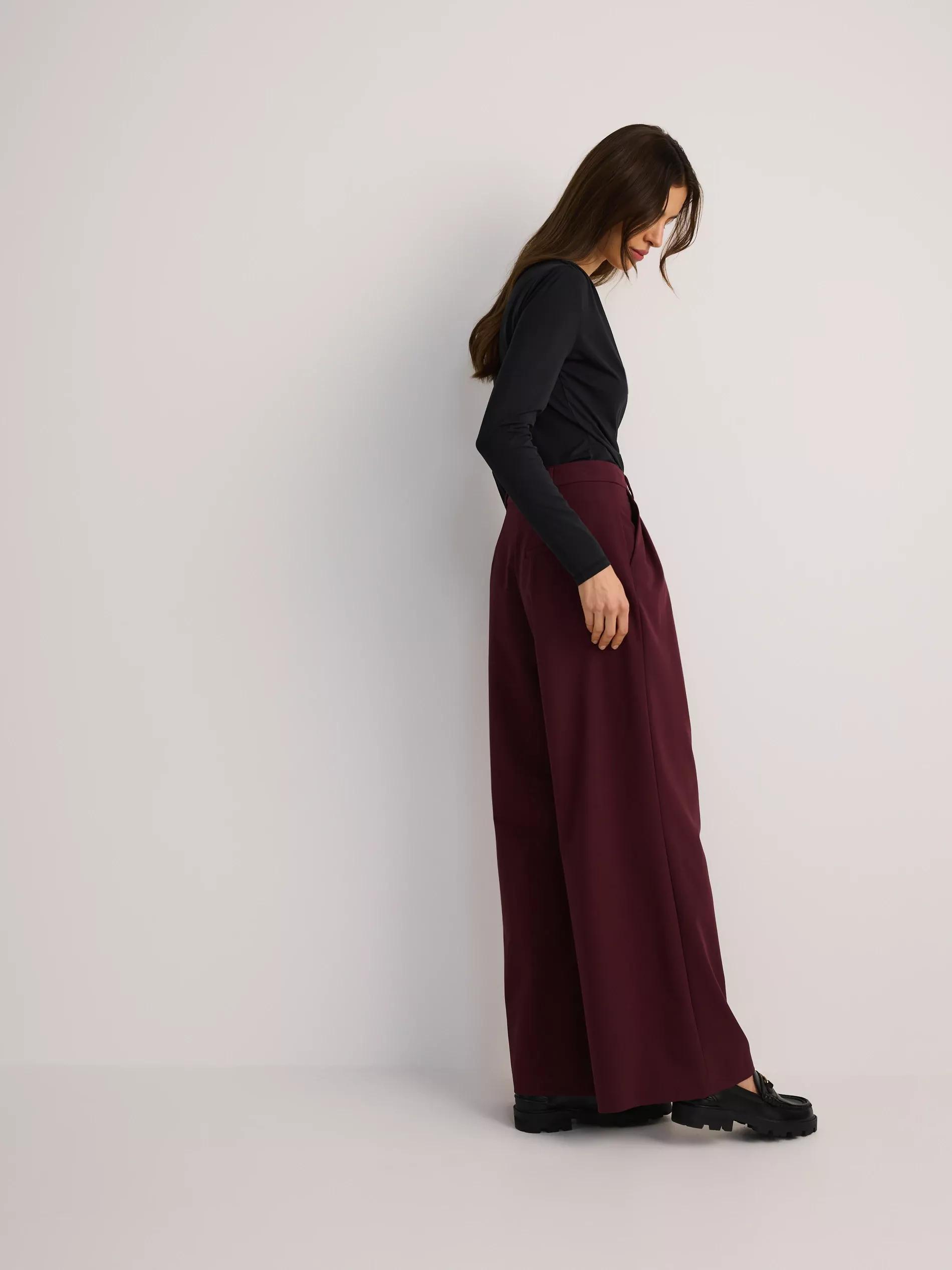 Maroon Wide-Leg Pleated Trousers, , large image number 3