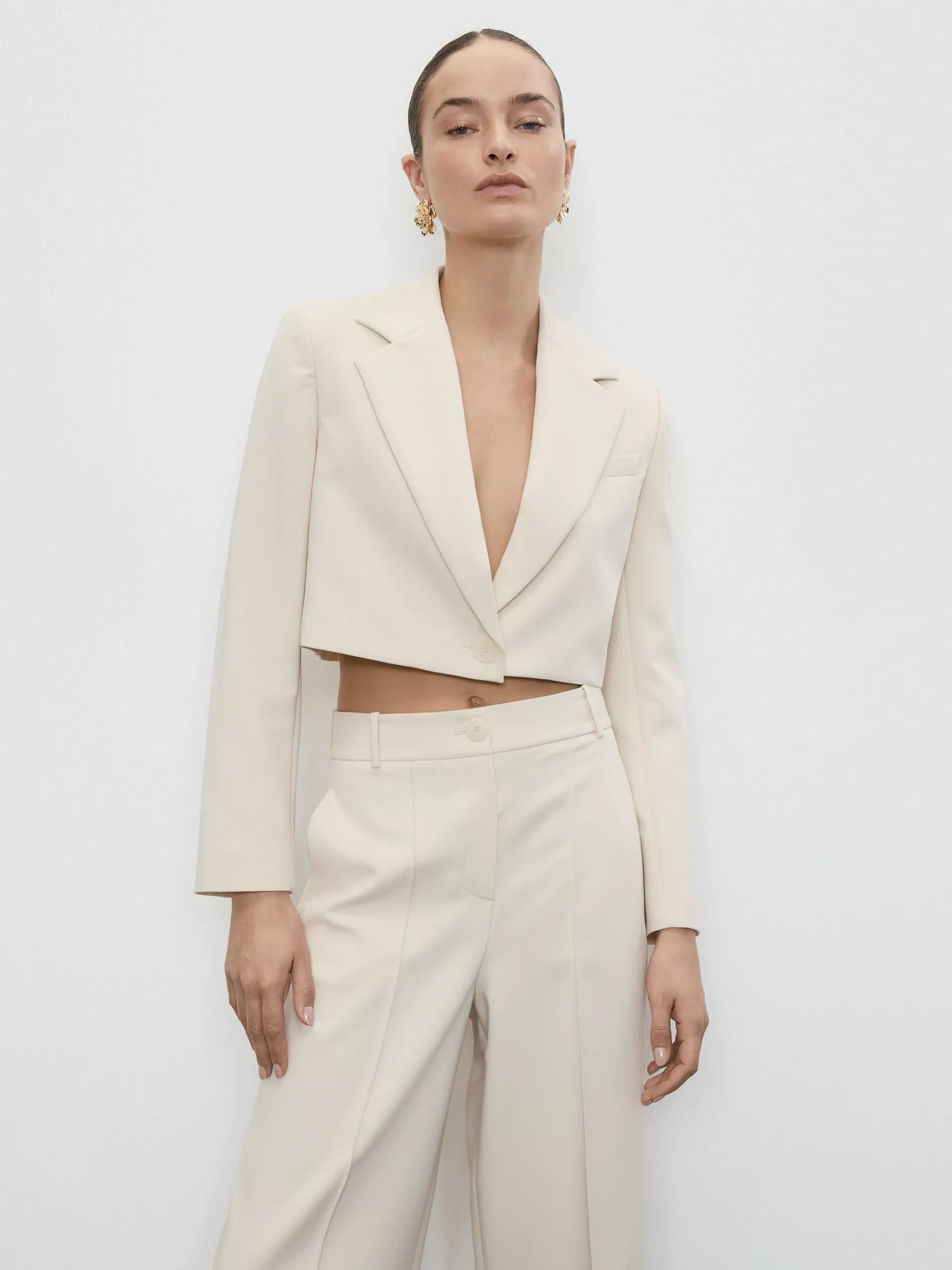 Cream Cropped Blazer, , medium