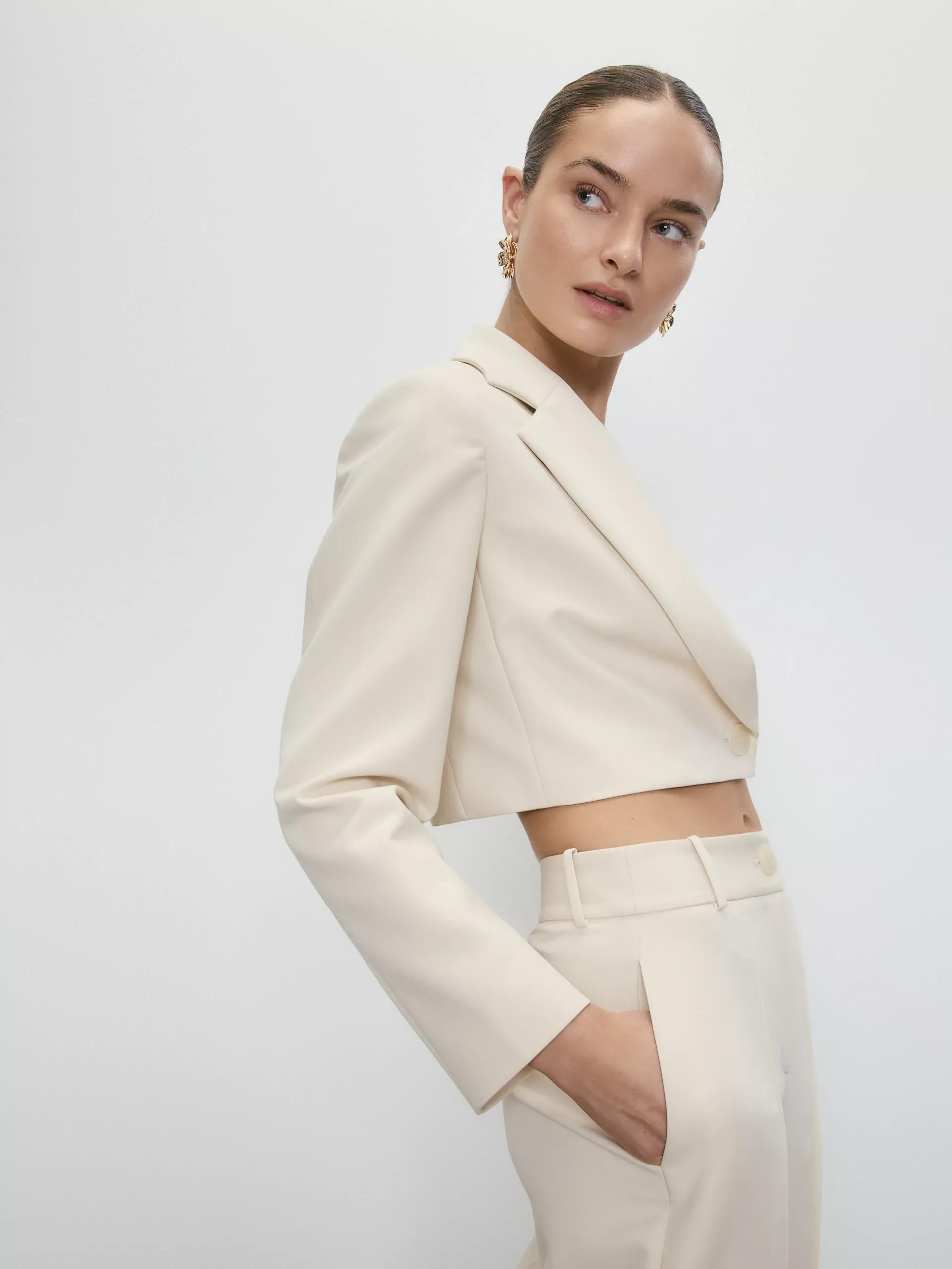 Cream Cropped Blazer, , large image number 4
