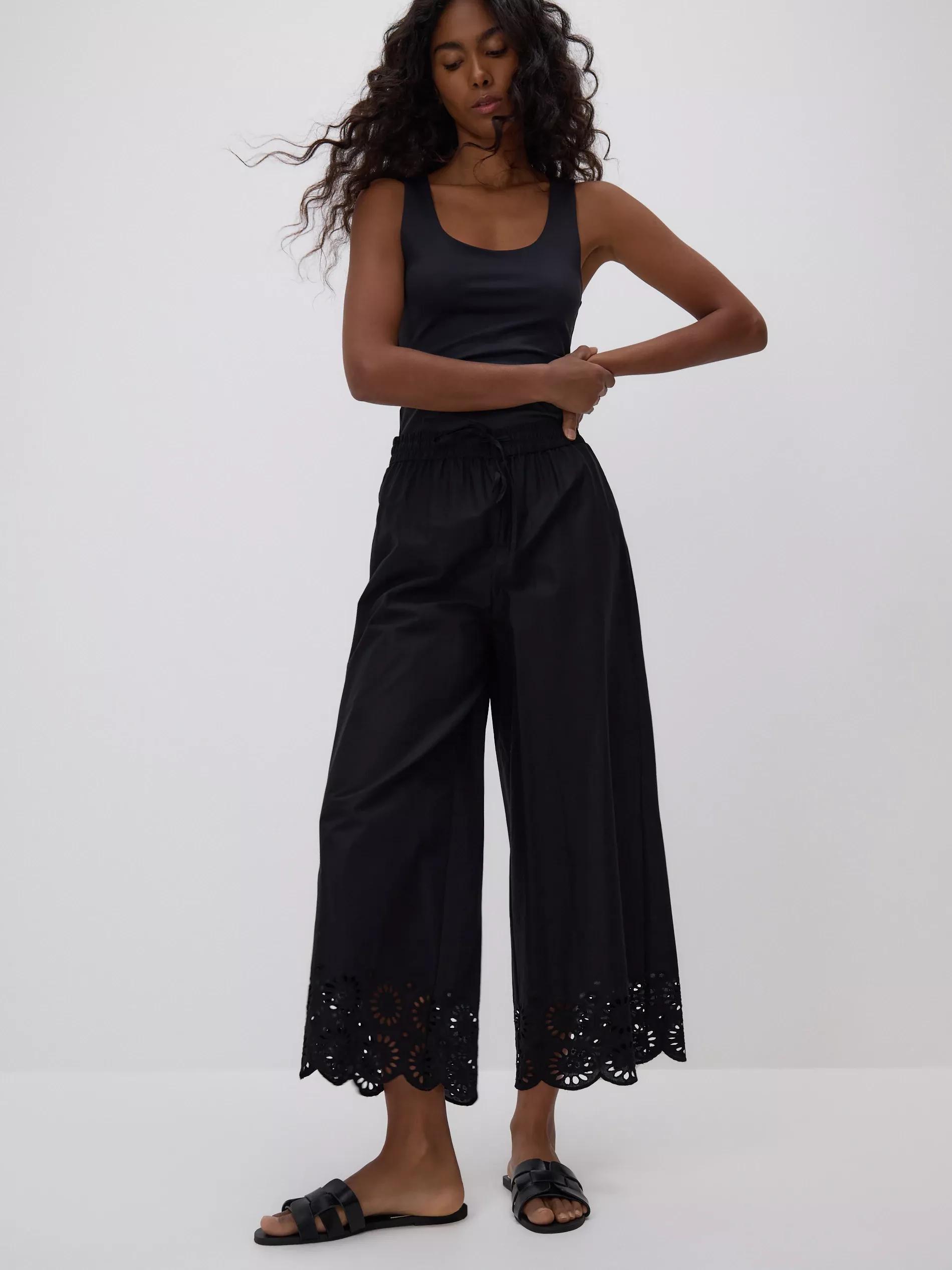 Black Pants With Openwork Trim, Black, medium