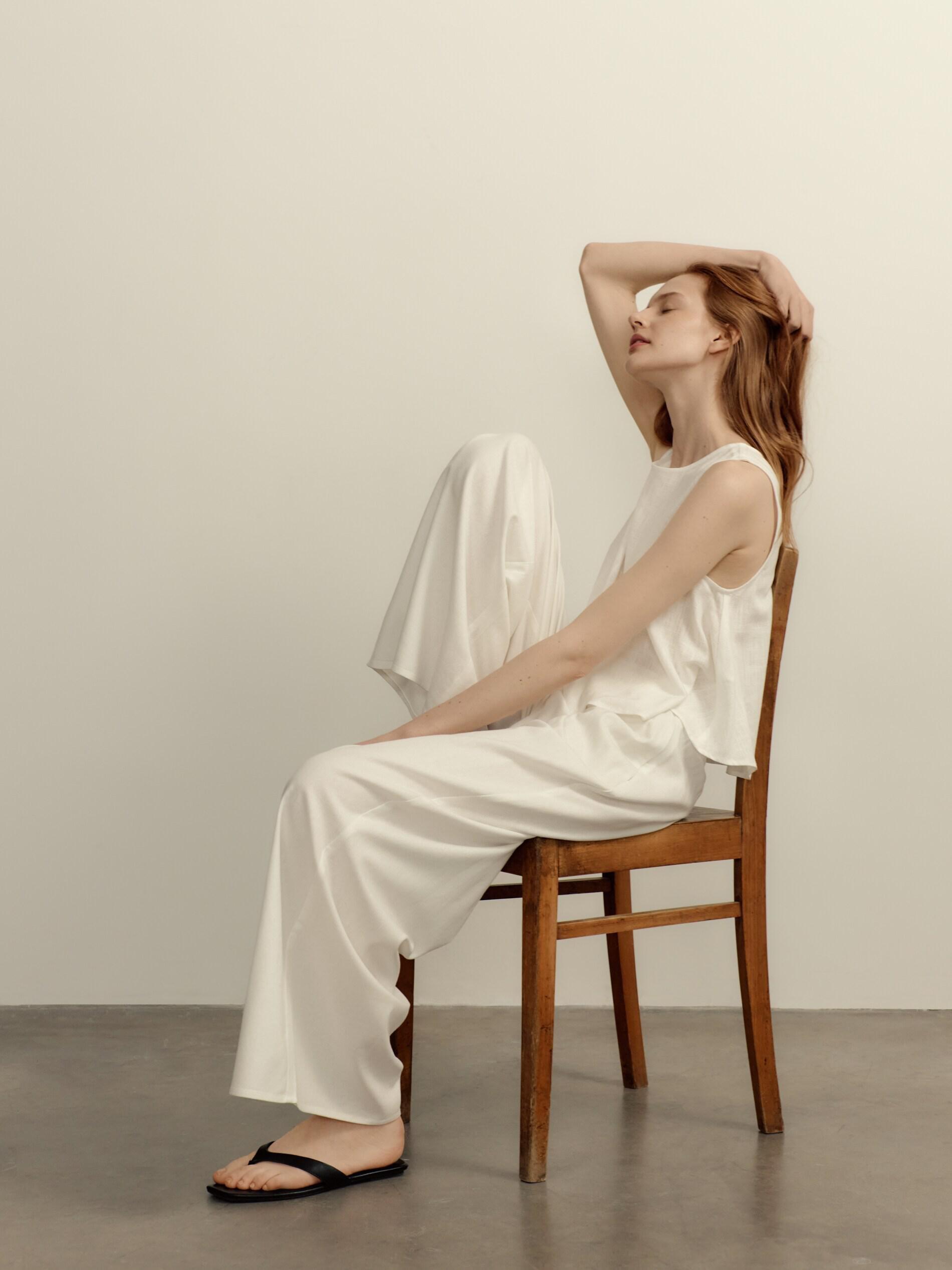 White Trousers With Linen Blend, White, large image number 3