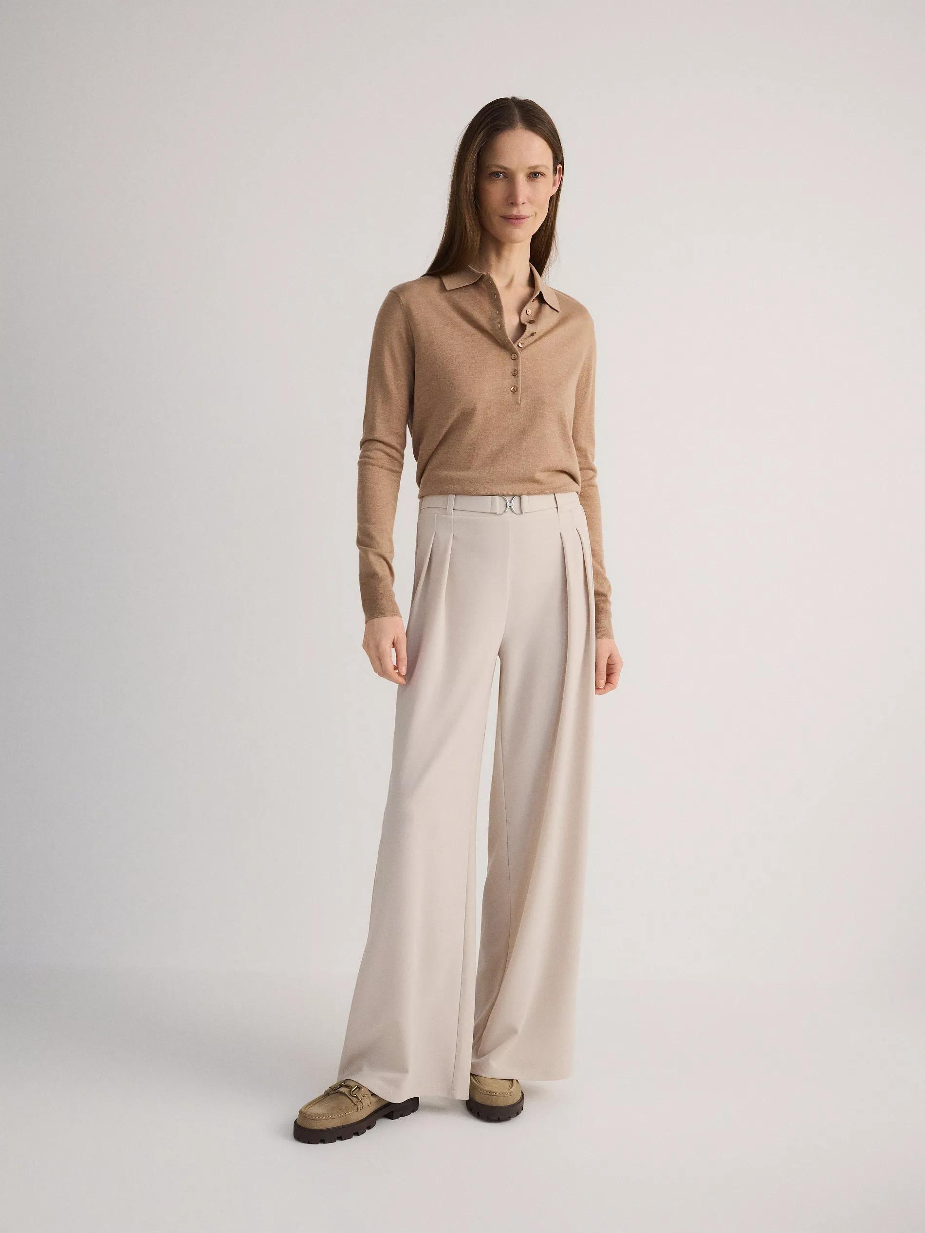 Beige Wide-Leg Trousers With Belt, , large image number 1