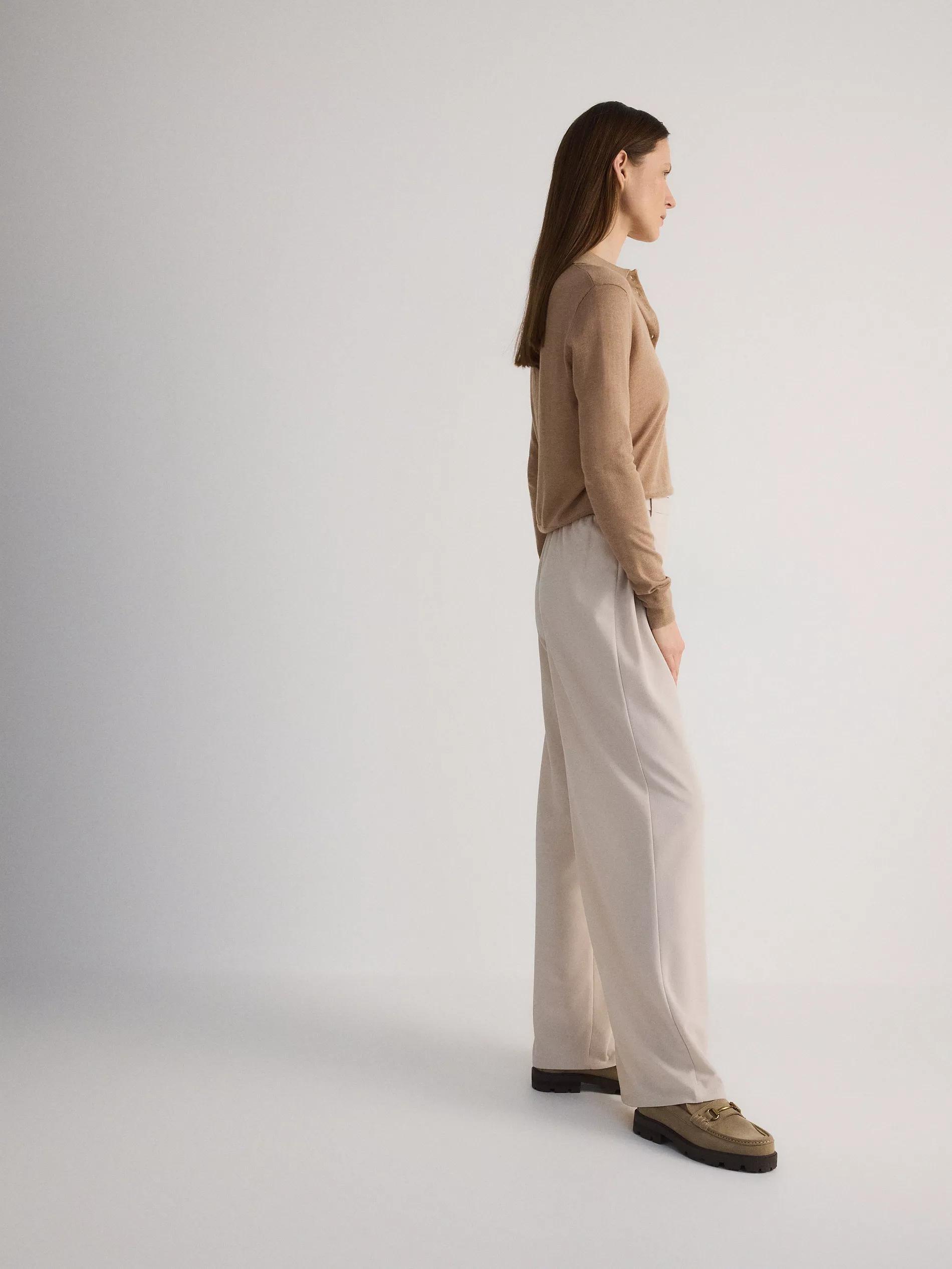 Beige Wide-Leg Trousers With Belt, , large image number 3