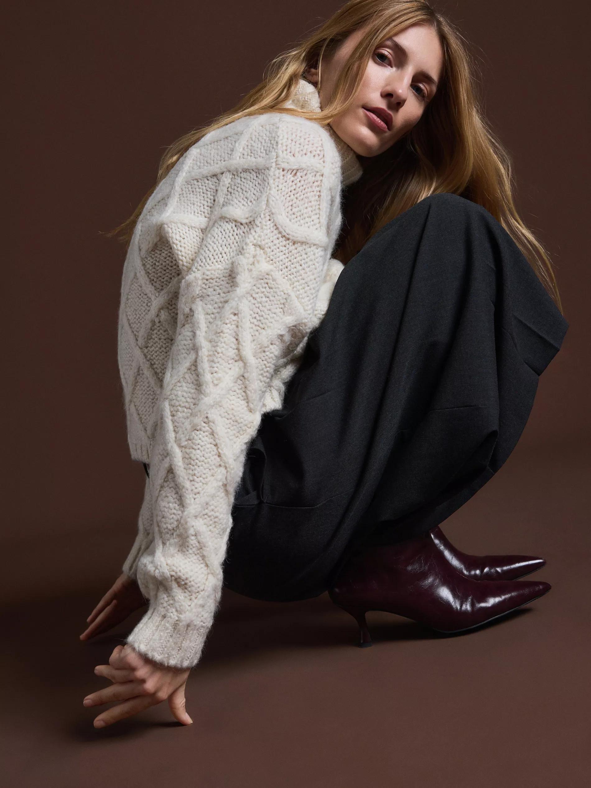 Cream Turtleneck Knitted Sweater, , large image number 1