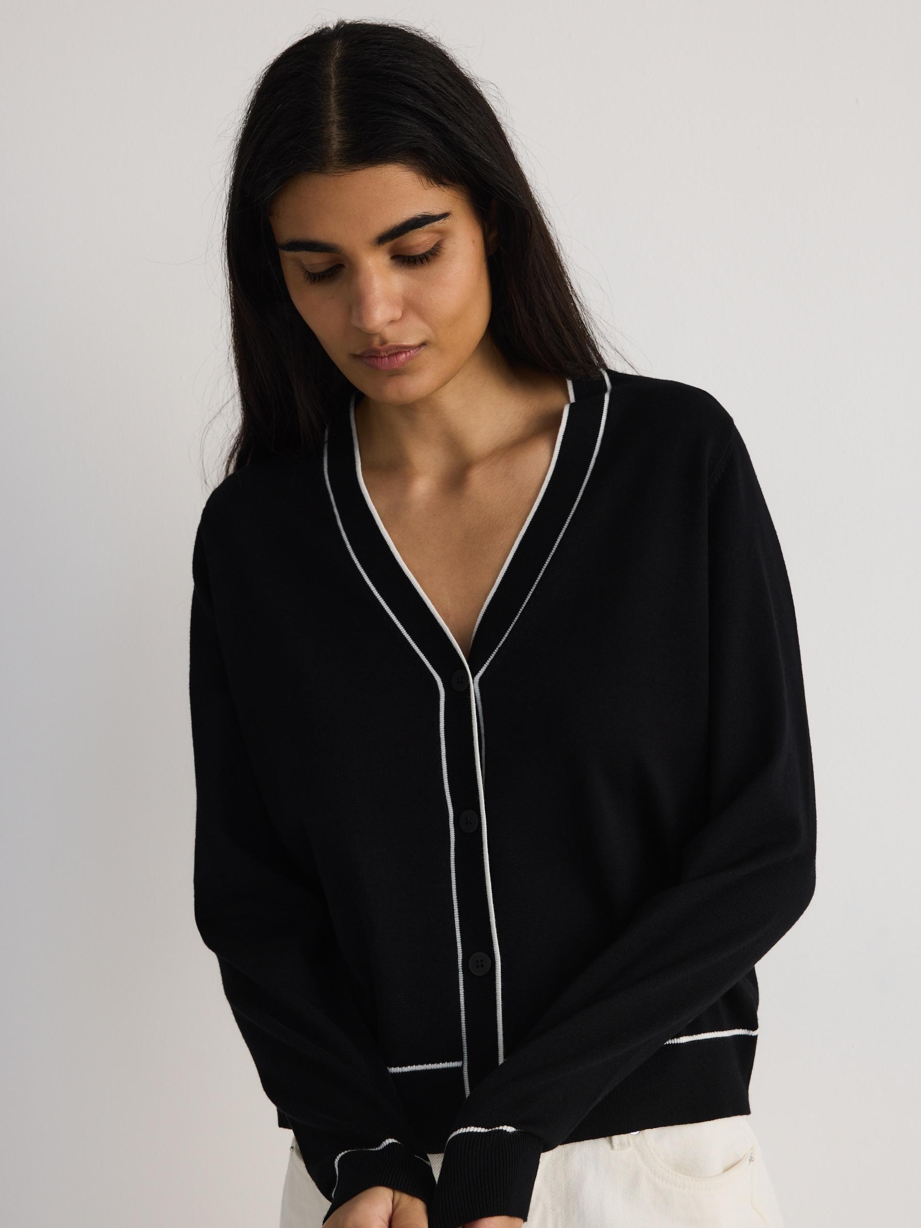 Black Cardigan With Contrast Trims, , large image number 0