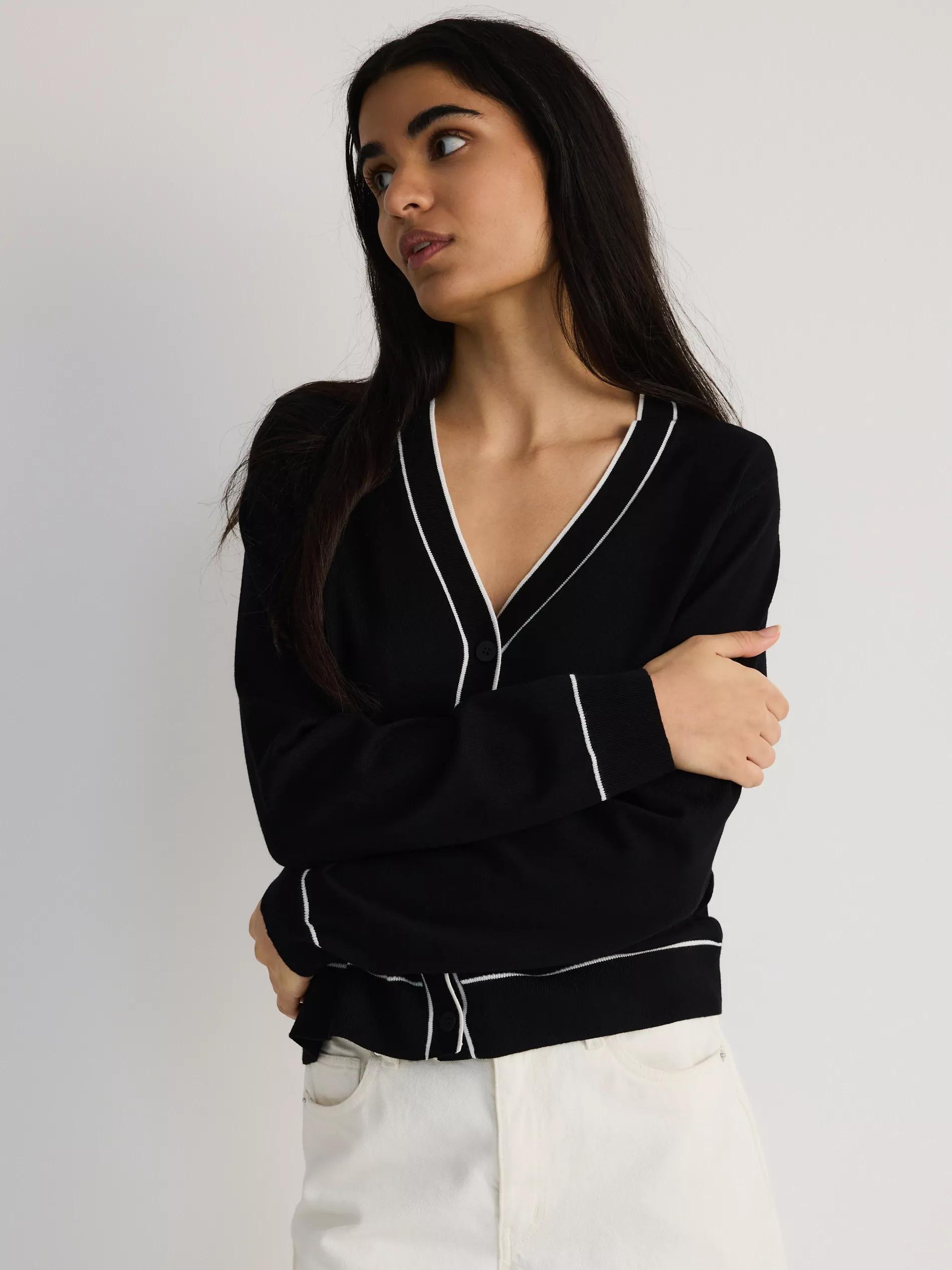 Black Cardigan With Contrast Trims, , large image number 2