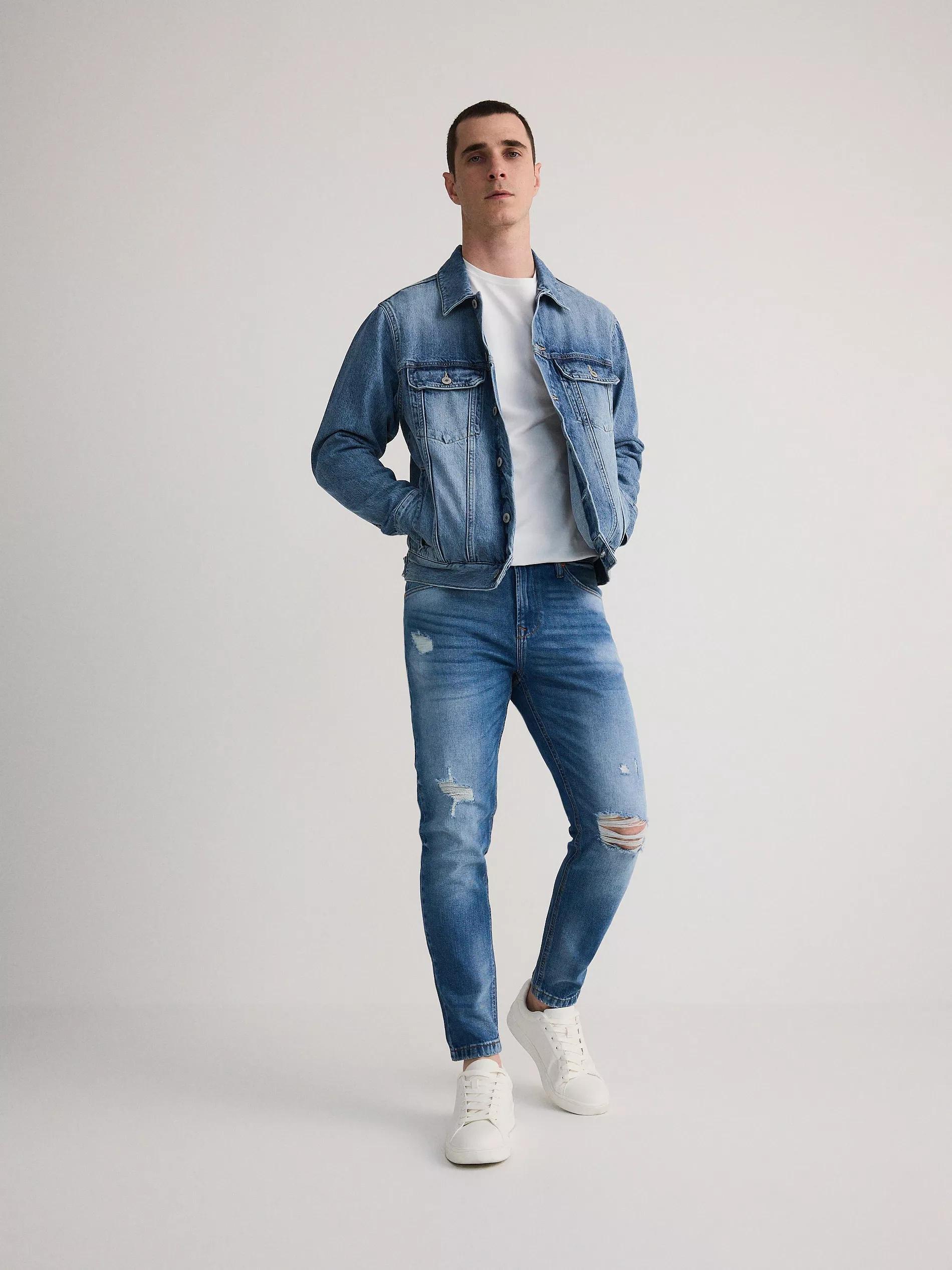 Blue Slim Fit Carrot Jeans With A Distressed Look, , large image number 4