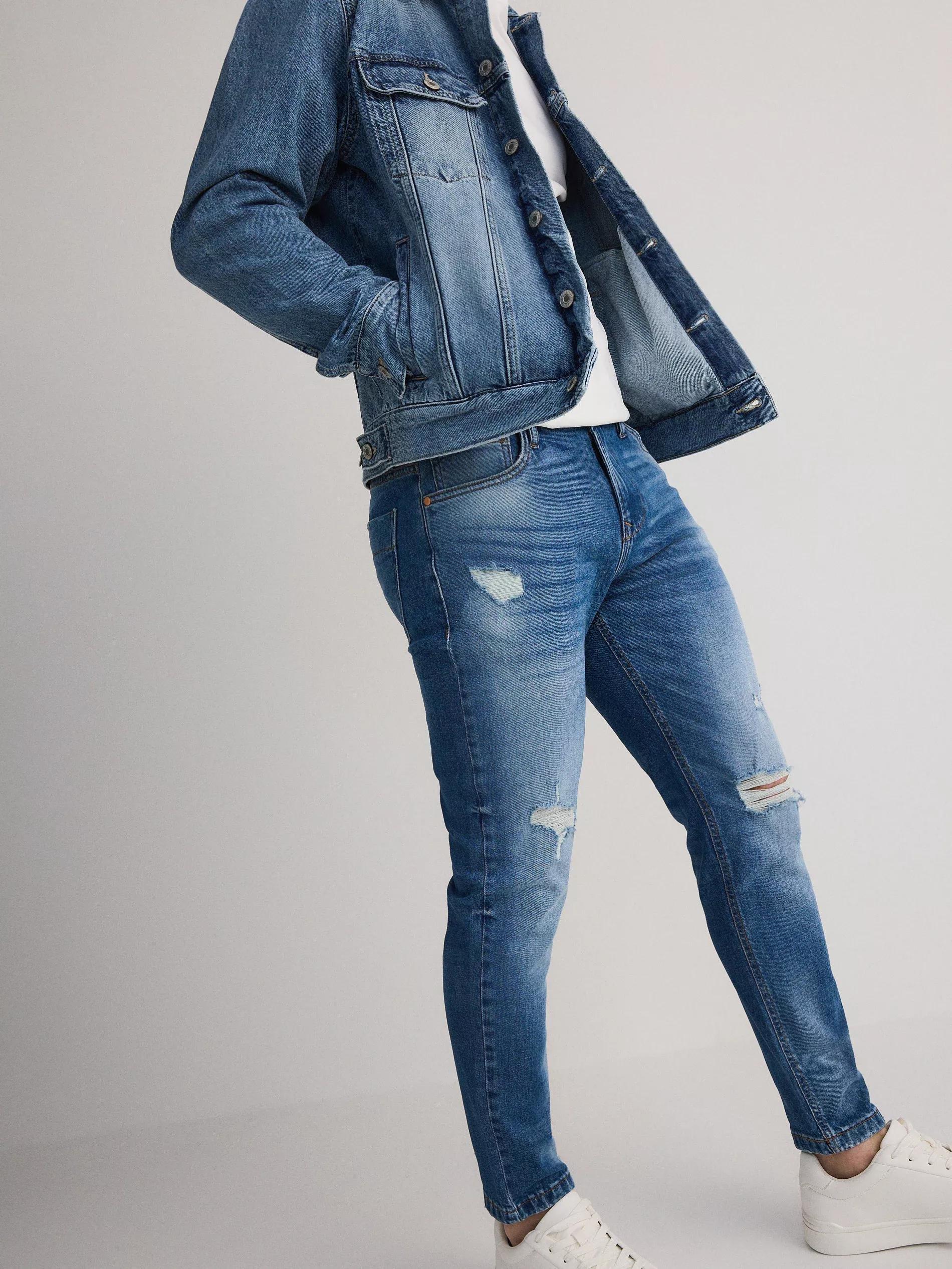 Blue Slim Fit Carrot Jeans With A Distressed Look, , large image number 5