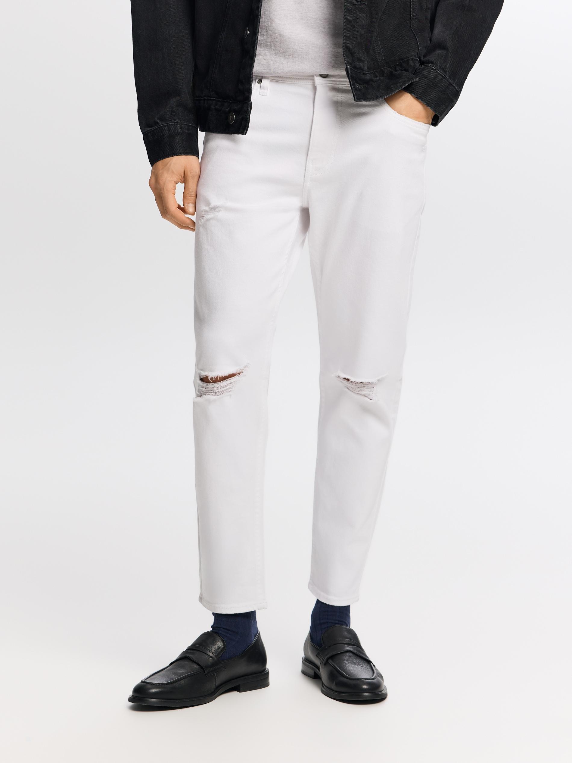 White Distressed Carrot Slim Jeans, White, medium