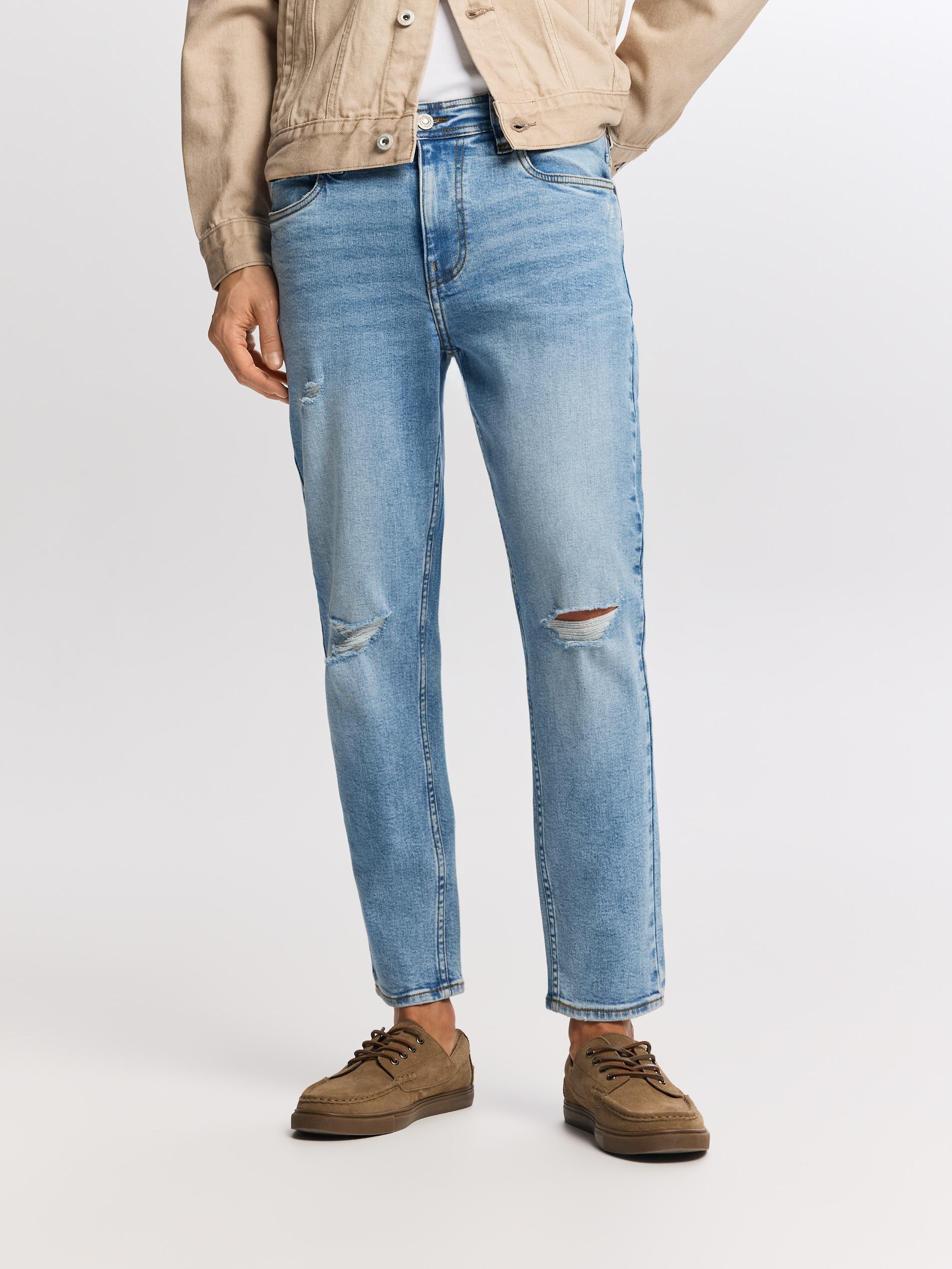Blue Distressed Carrot Slim Jeans, Blue, medium