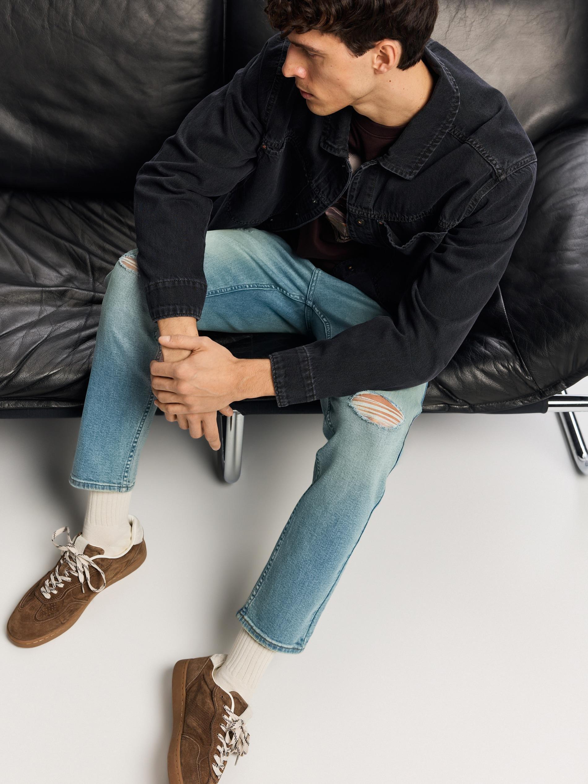 Blue Distressed Carrot Slim Jeans, Blue, large image number 0