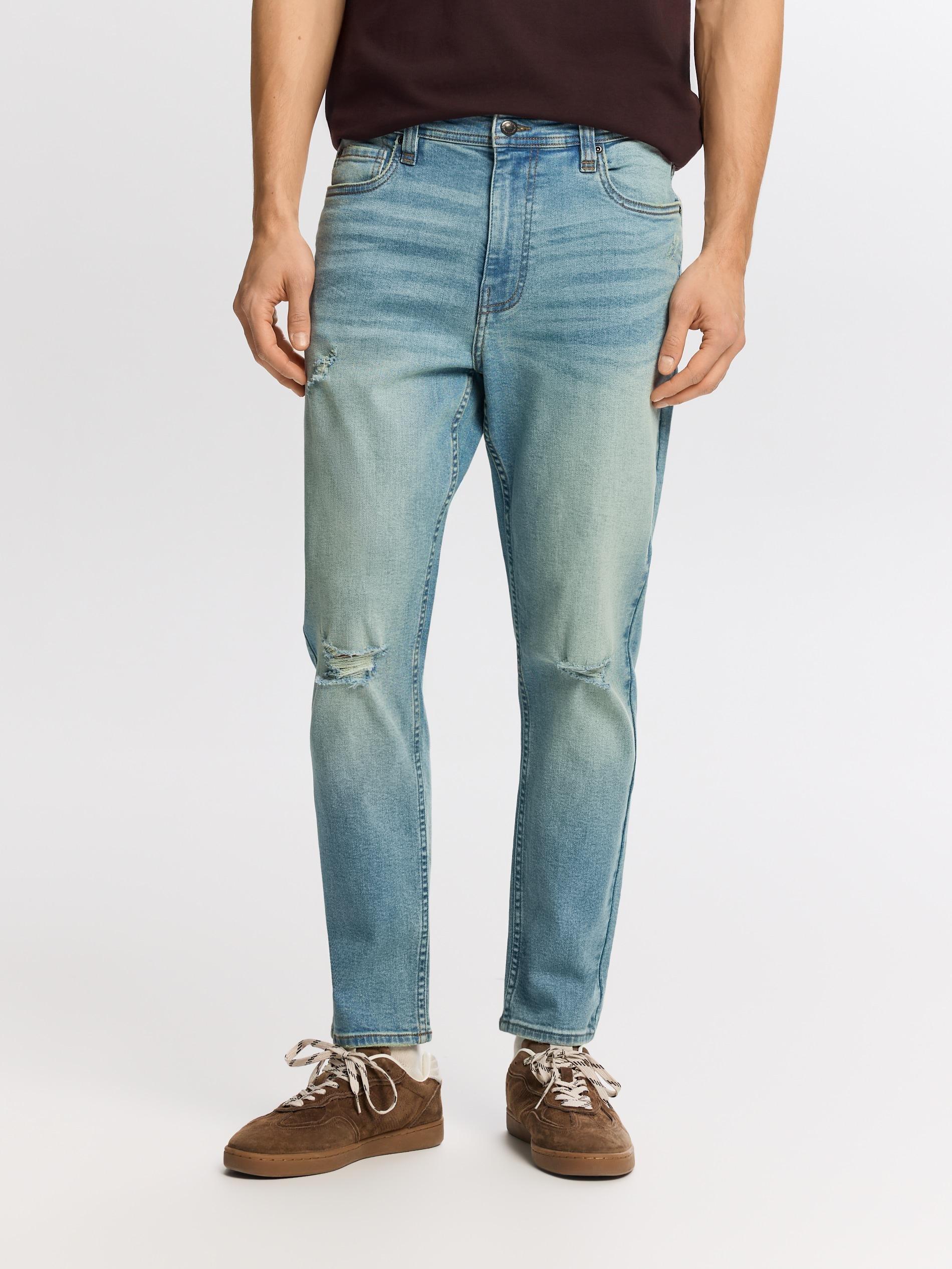 Blue Distressed Carrot Slim Jeans, Blue, large image number 1