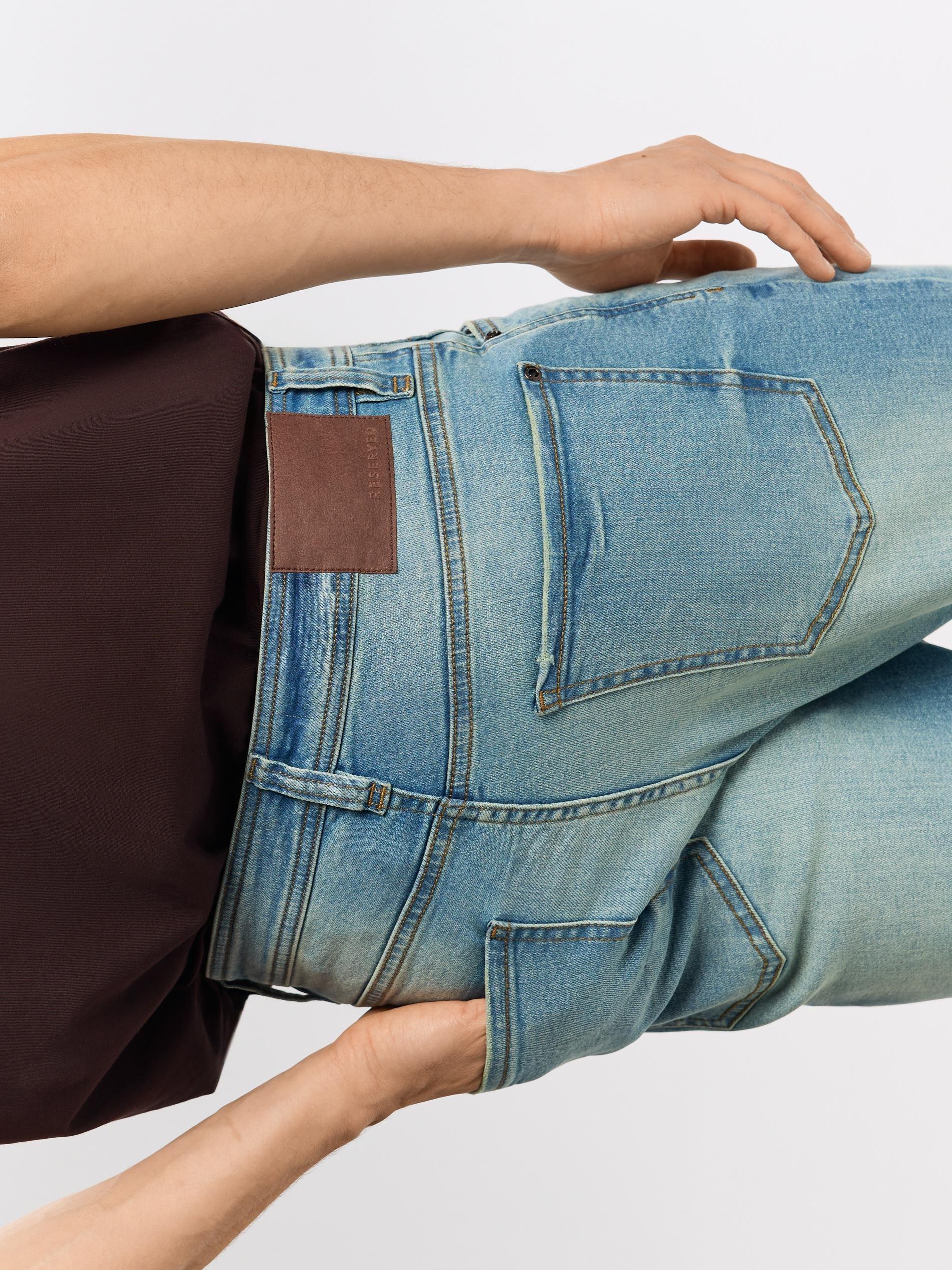 Blue Distressed Carrot Slim Jeans, Blue, large image number 3