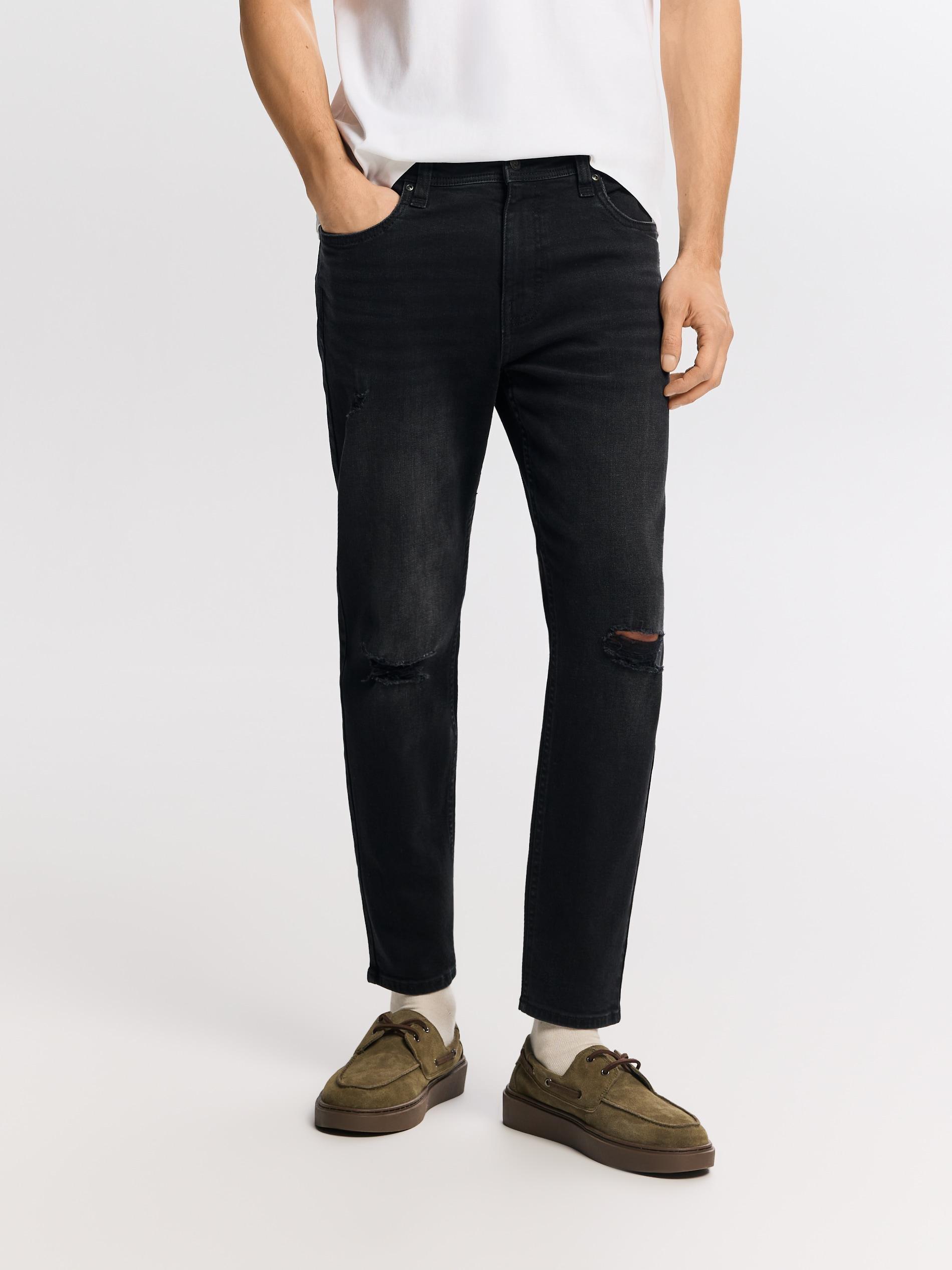 Black Distressed Carrot Slim Jeans, Black, large image number 0